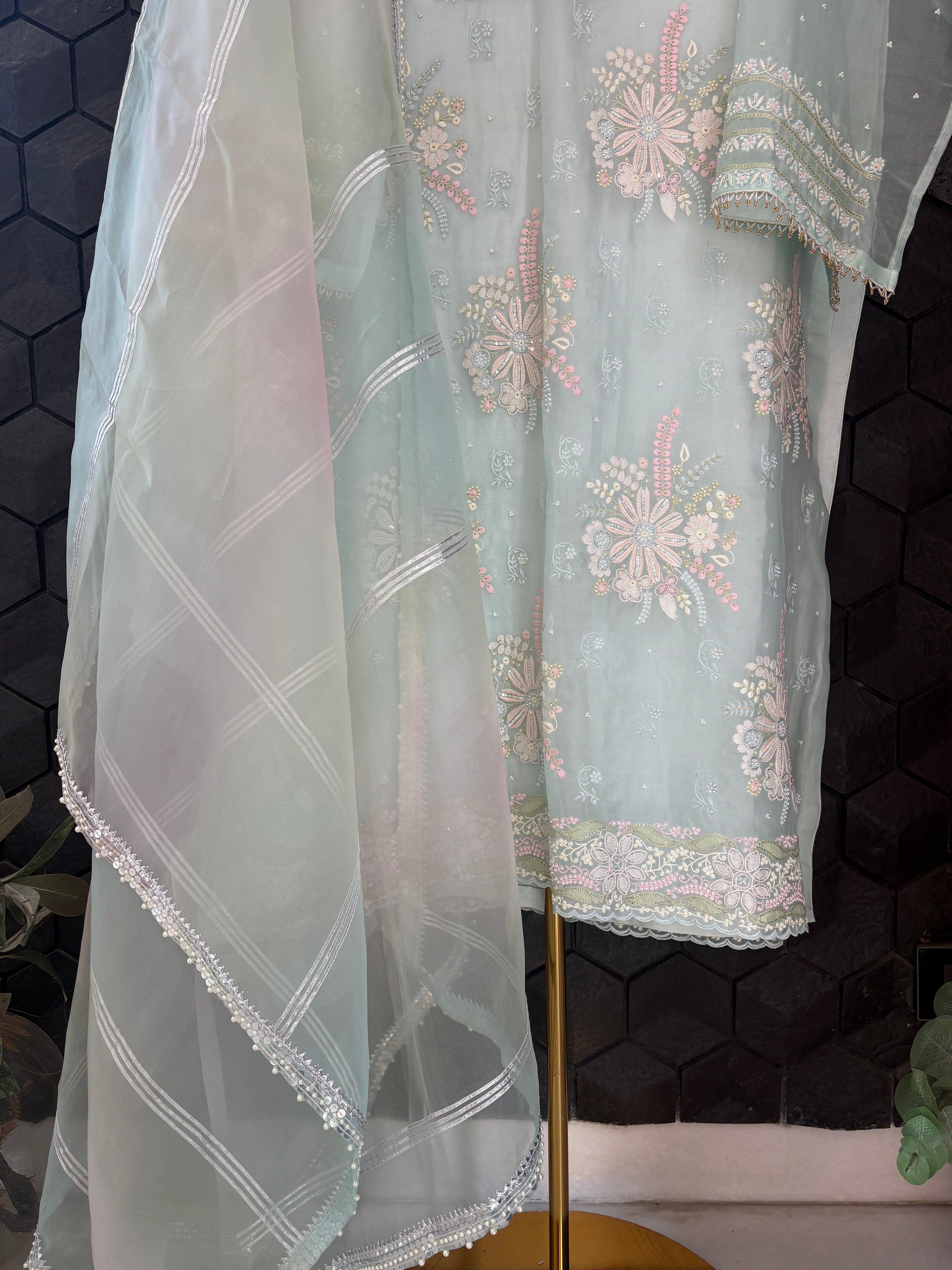 Mint Green Chikankari Organza Kurta Set
