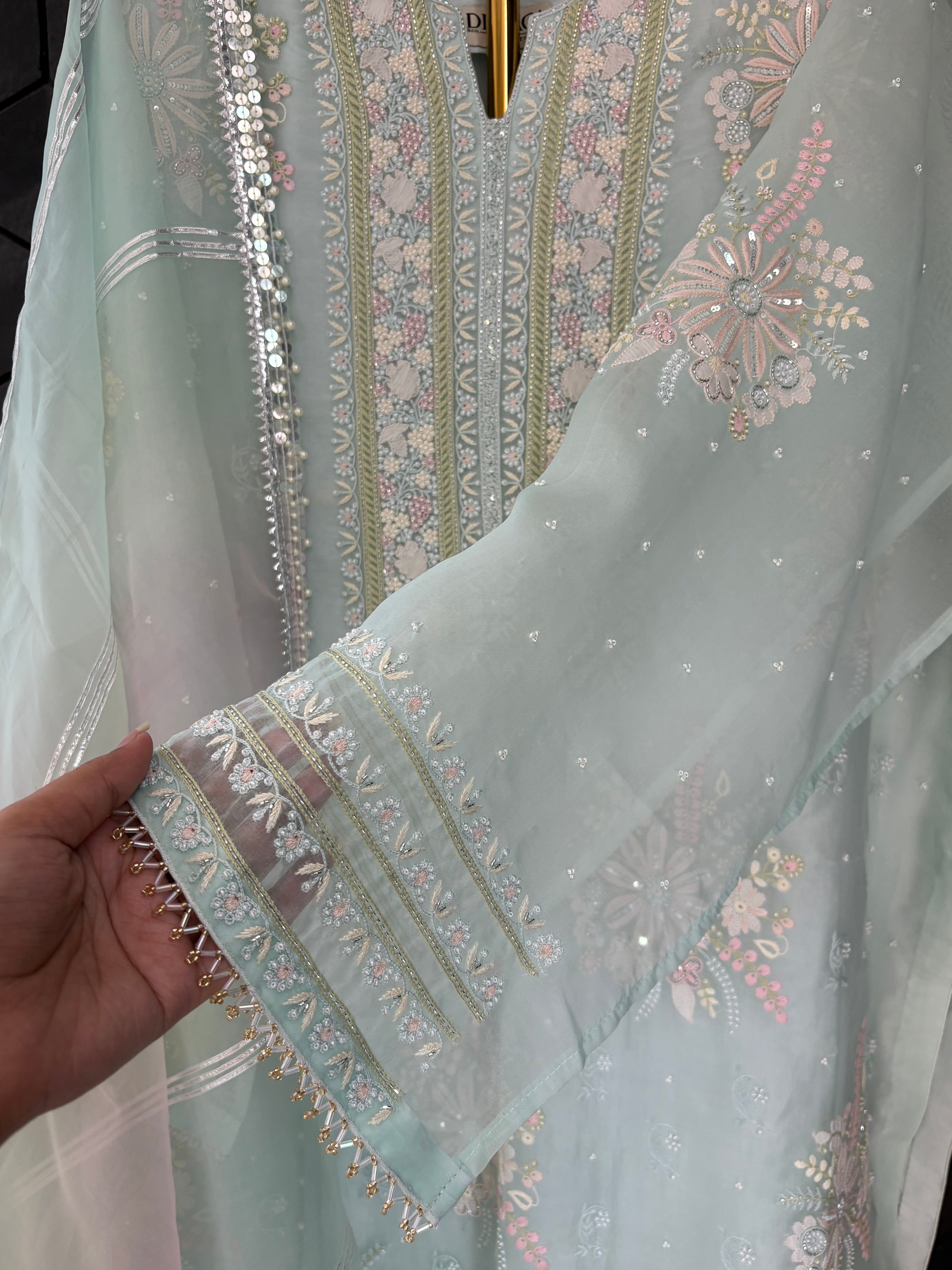 Mint Green Chikankari Organza Kurta Set
