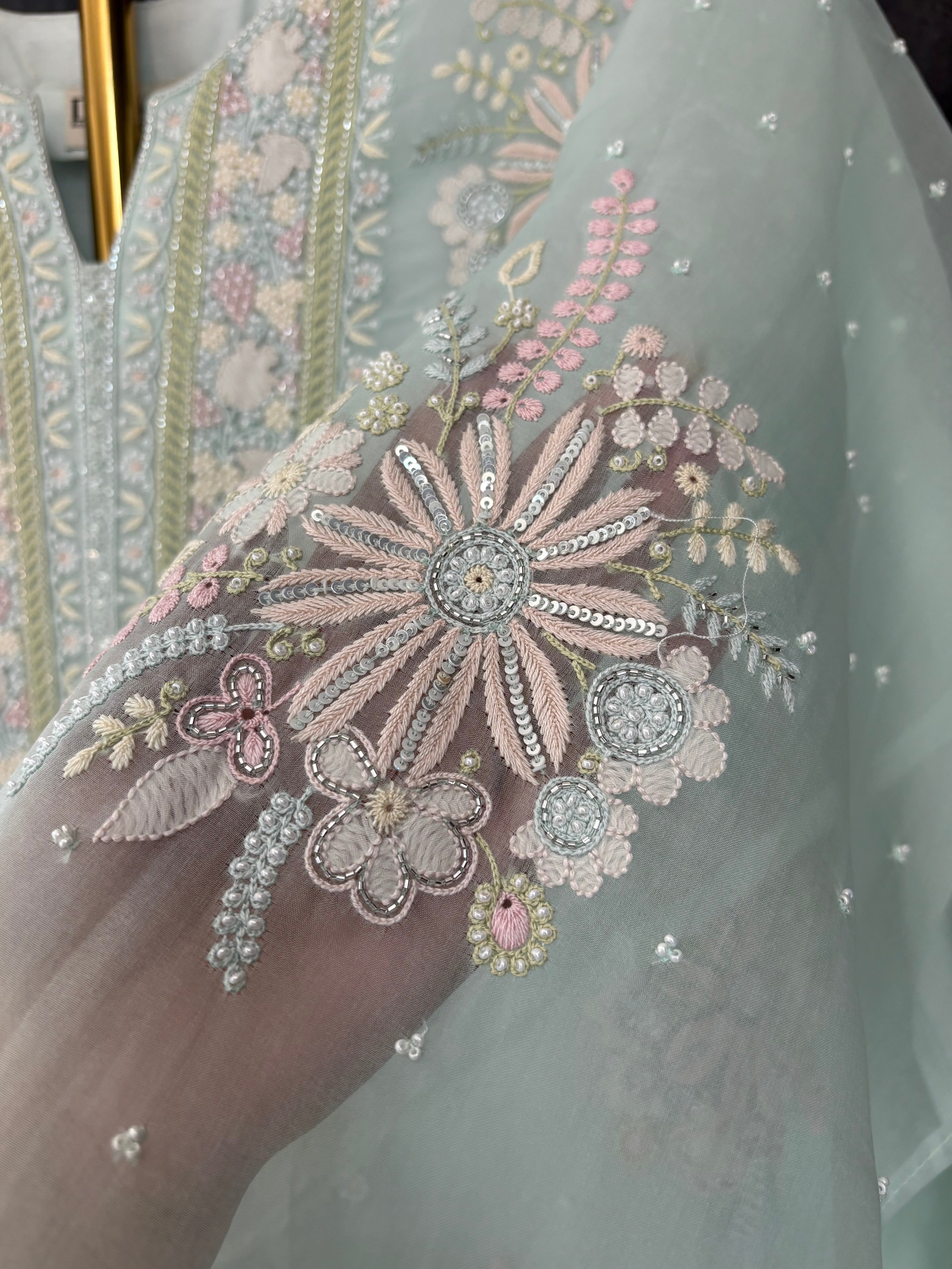 Mint Green Chikankari Organza Kurta Set