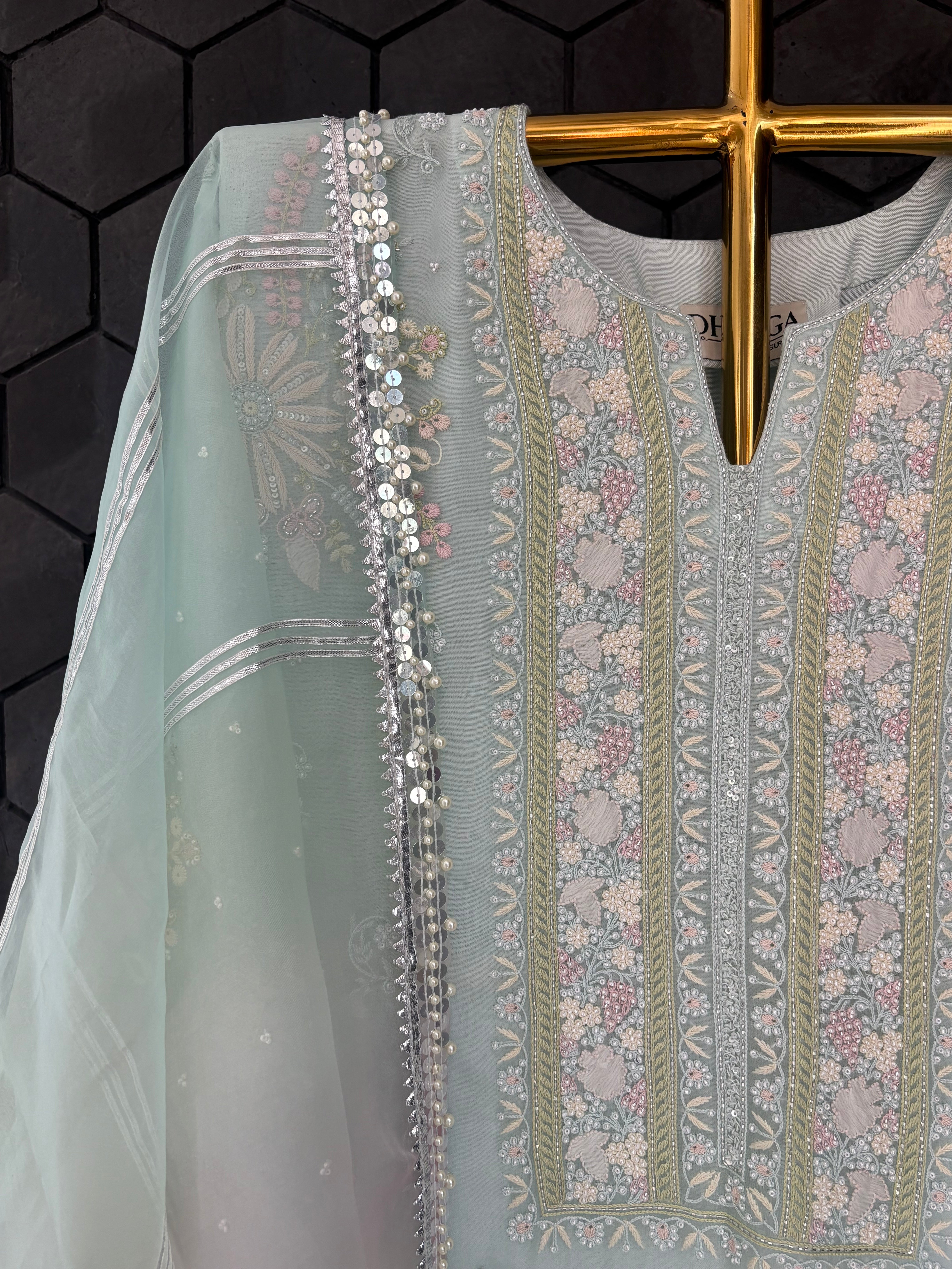 Mint Green Chikankari Organza Kurta Set