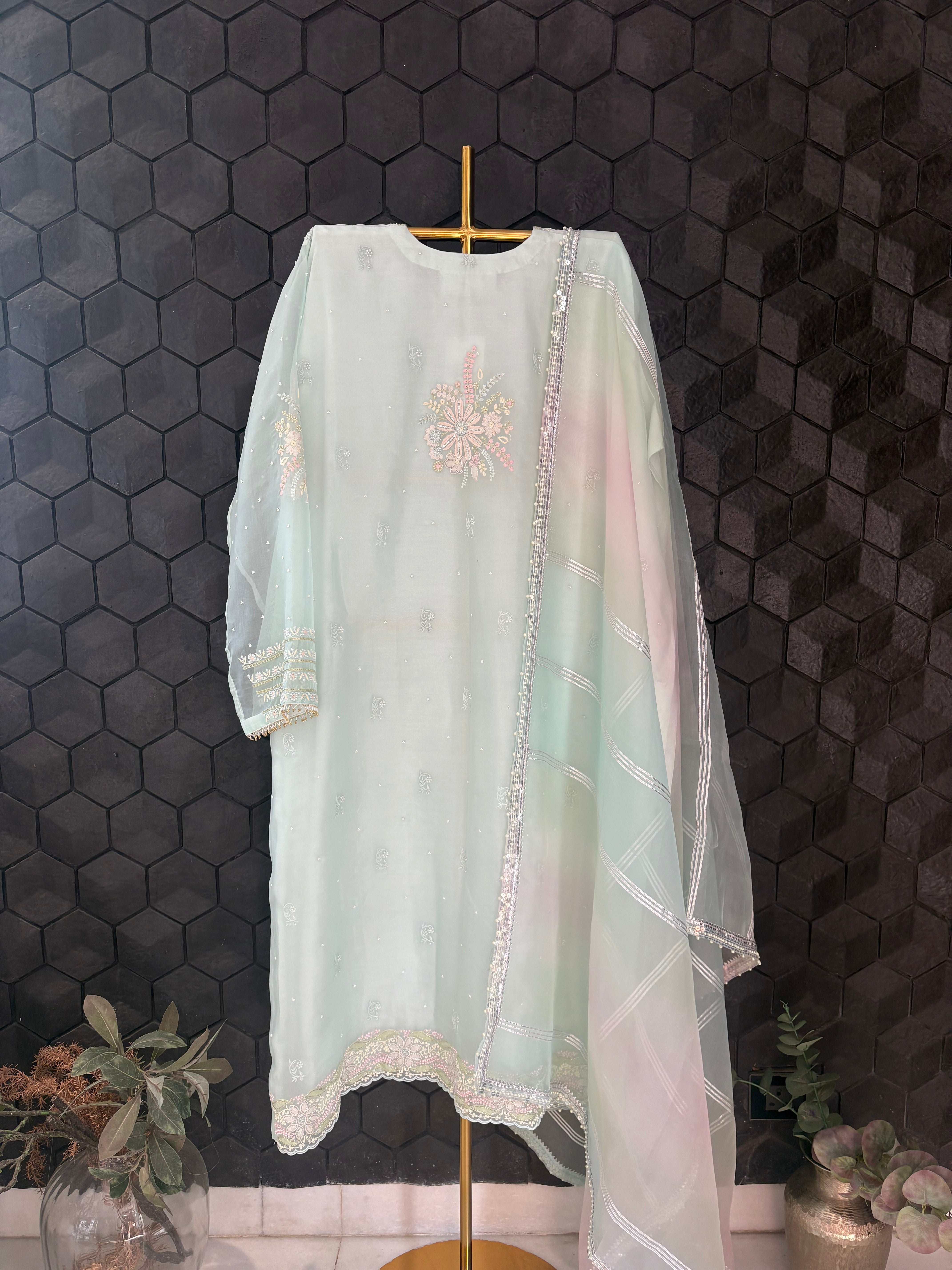 Mint Green Chikankari Organza Kurta Set