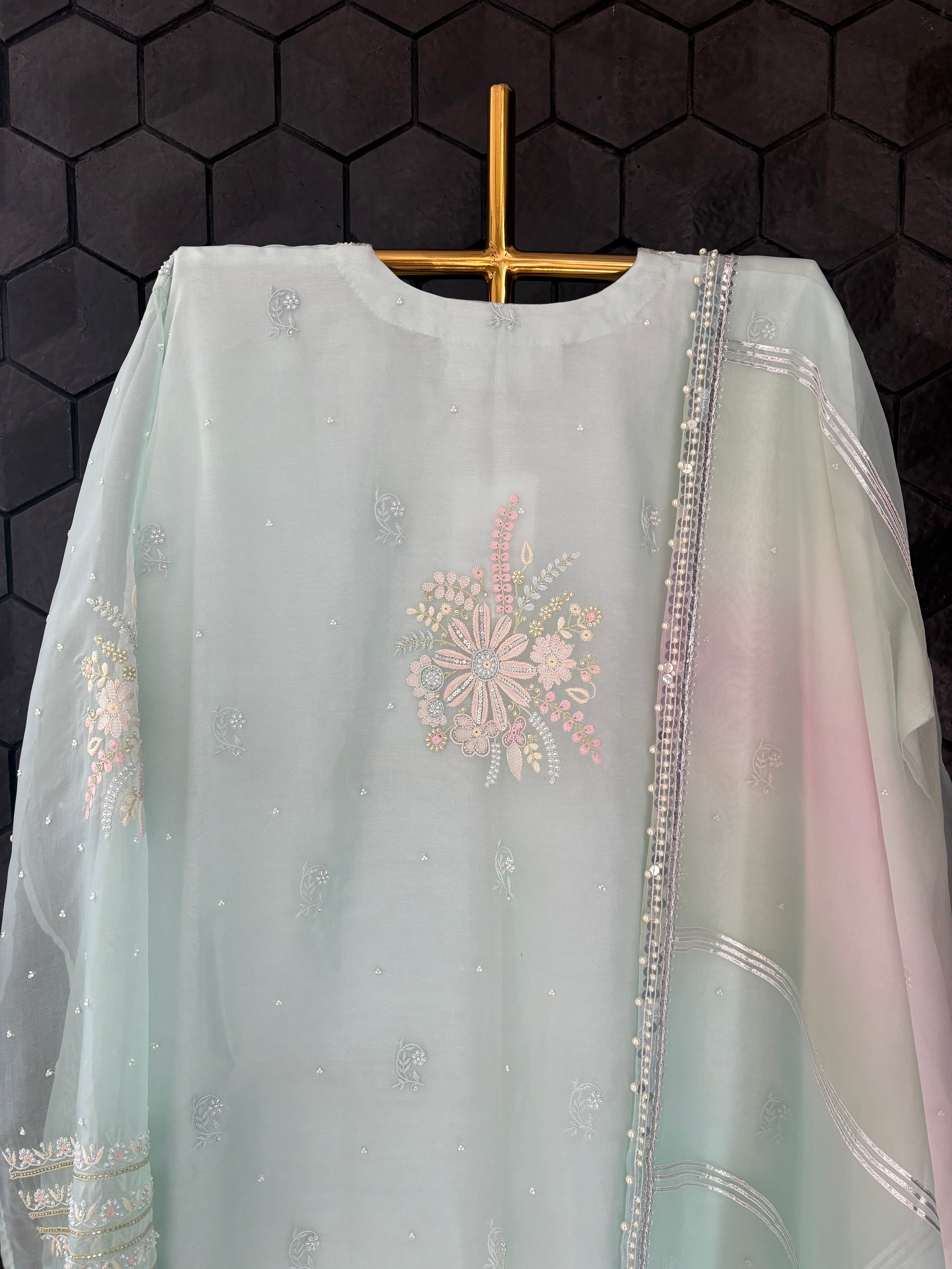 Mint Green Chikankari Organza Kurta Set