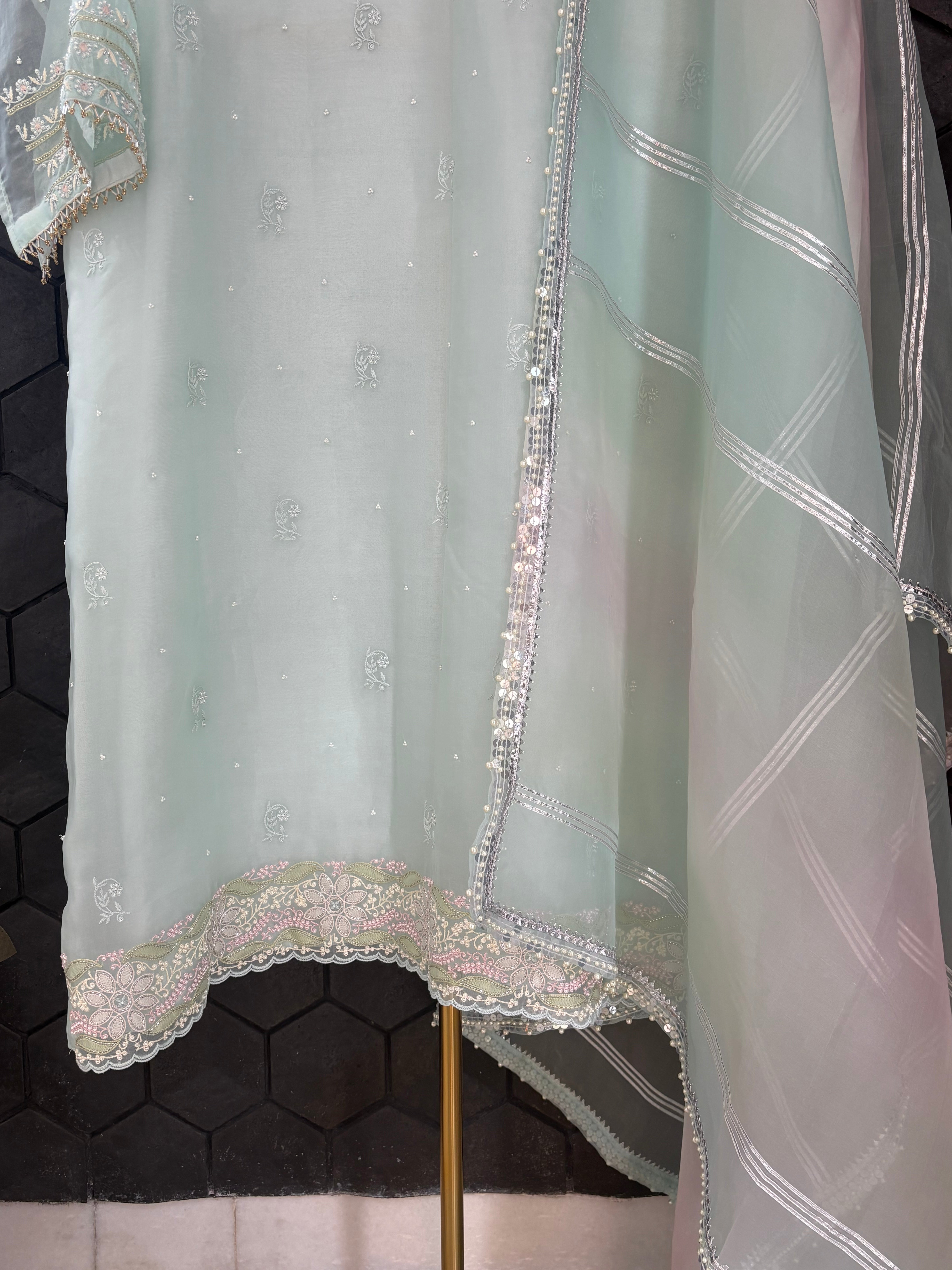 Mint Green Chikankari Organza Kurta Set