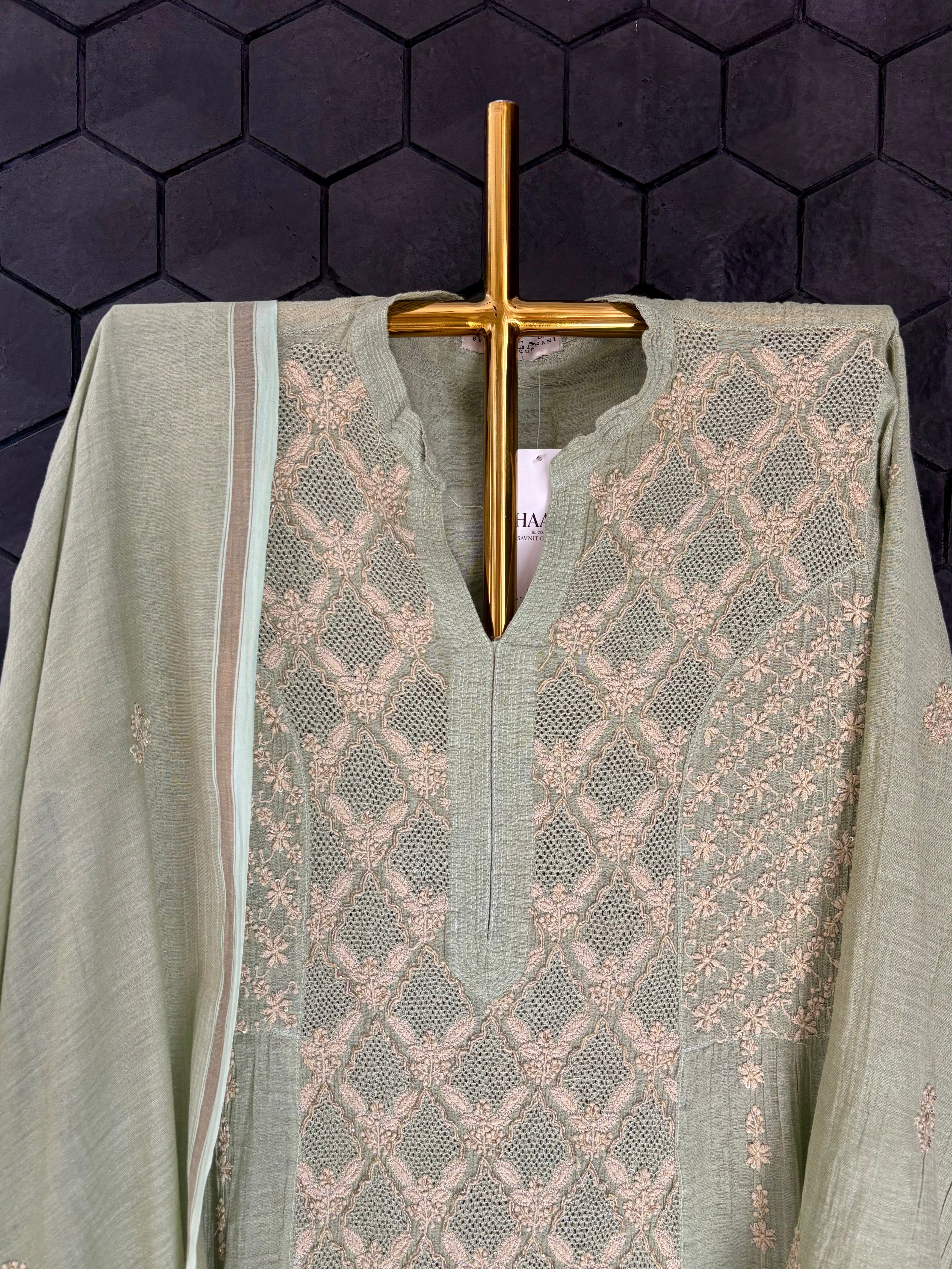 Green Tissue Chikankari Kurta Set