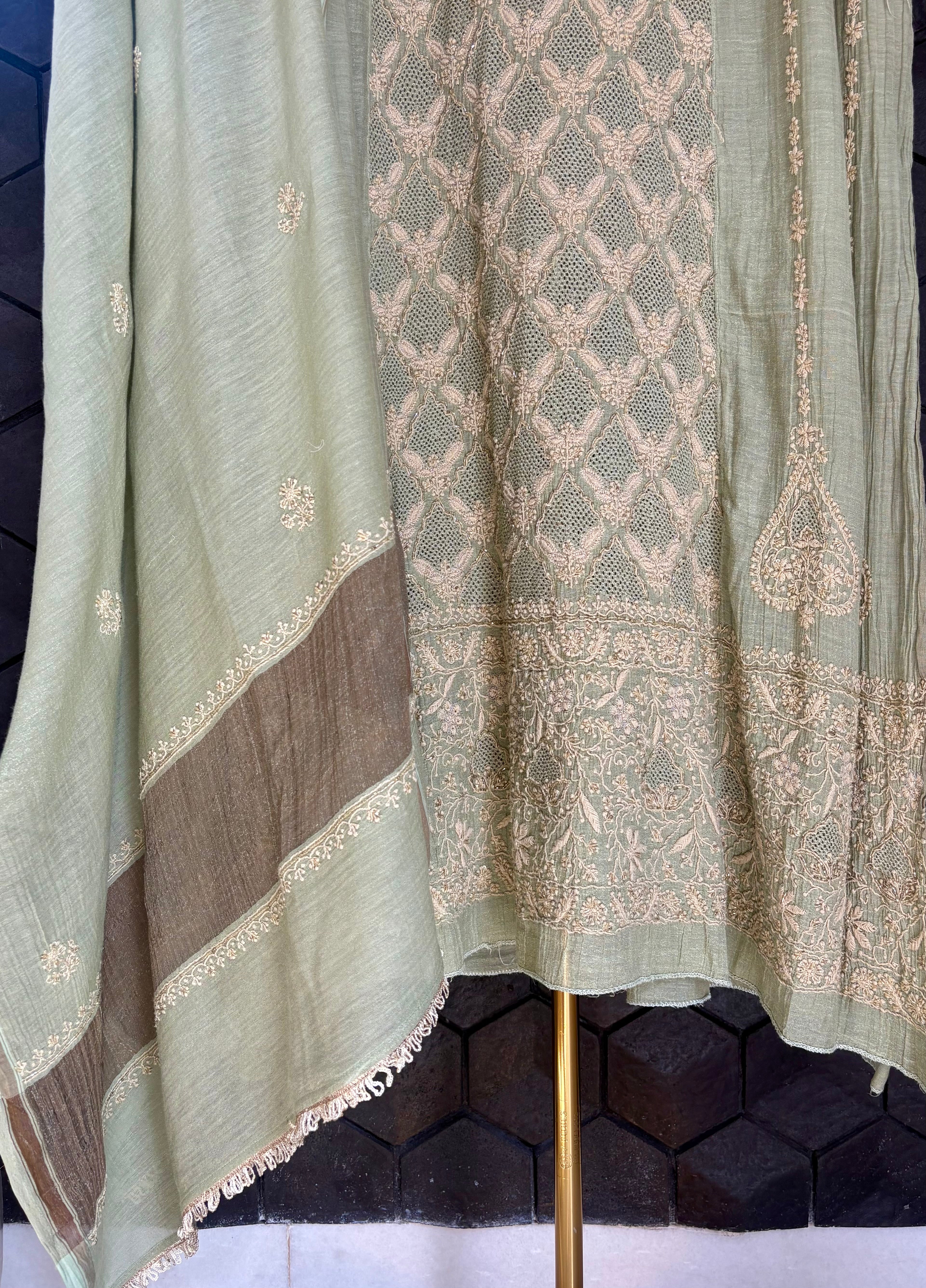 Green Tissue Chikankari Kurta Set