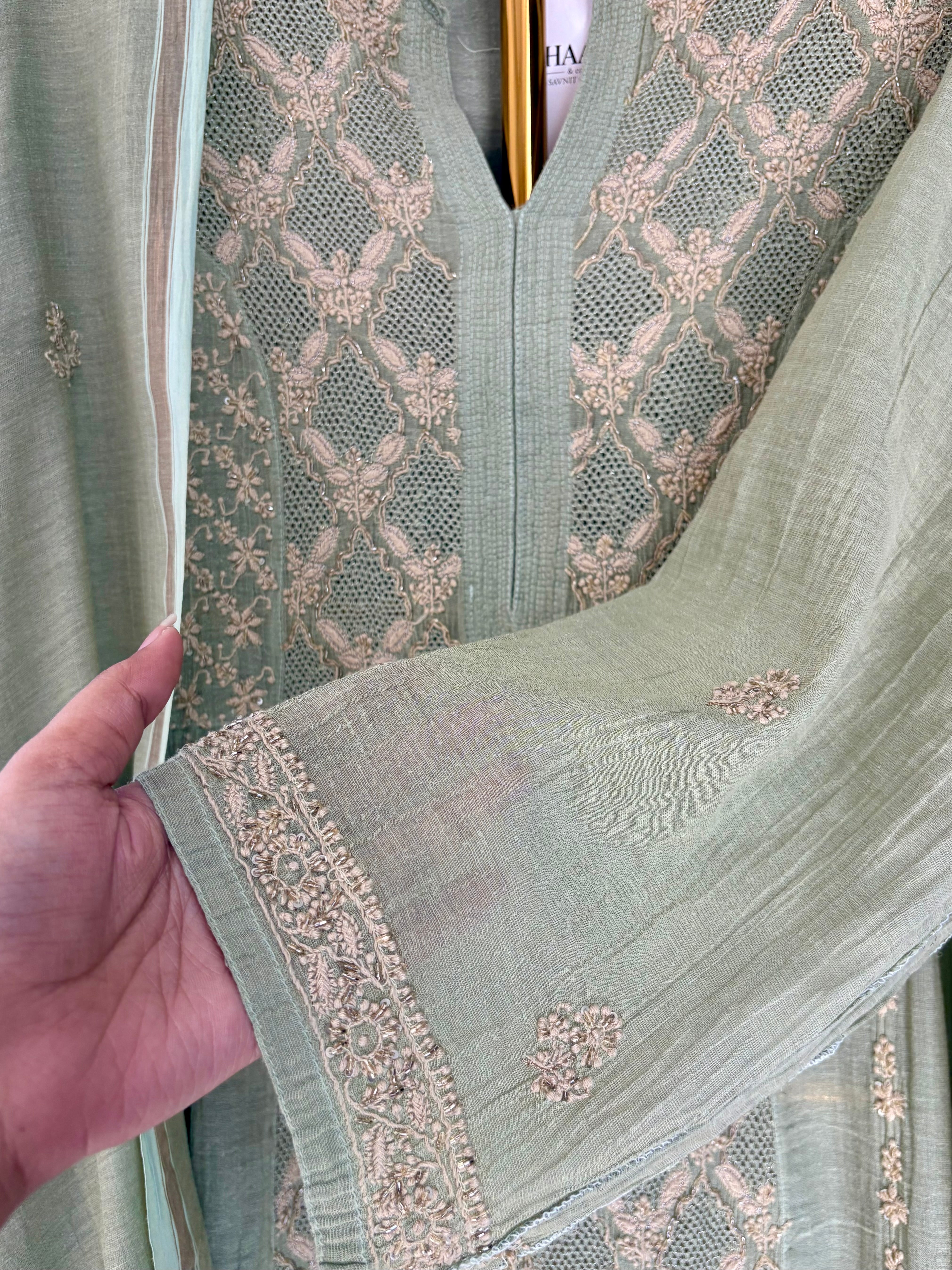 Green Tissue Chikankari Kurta Set