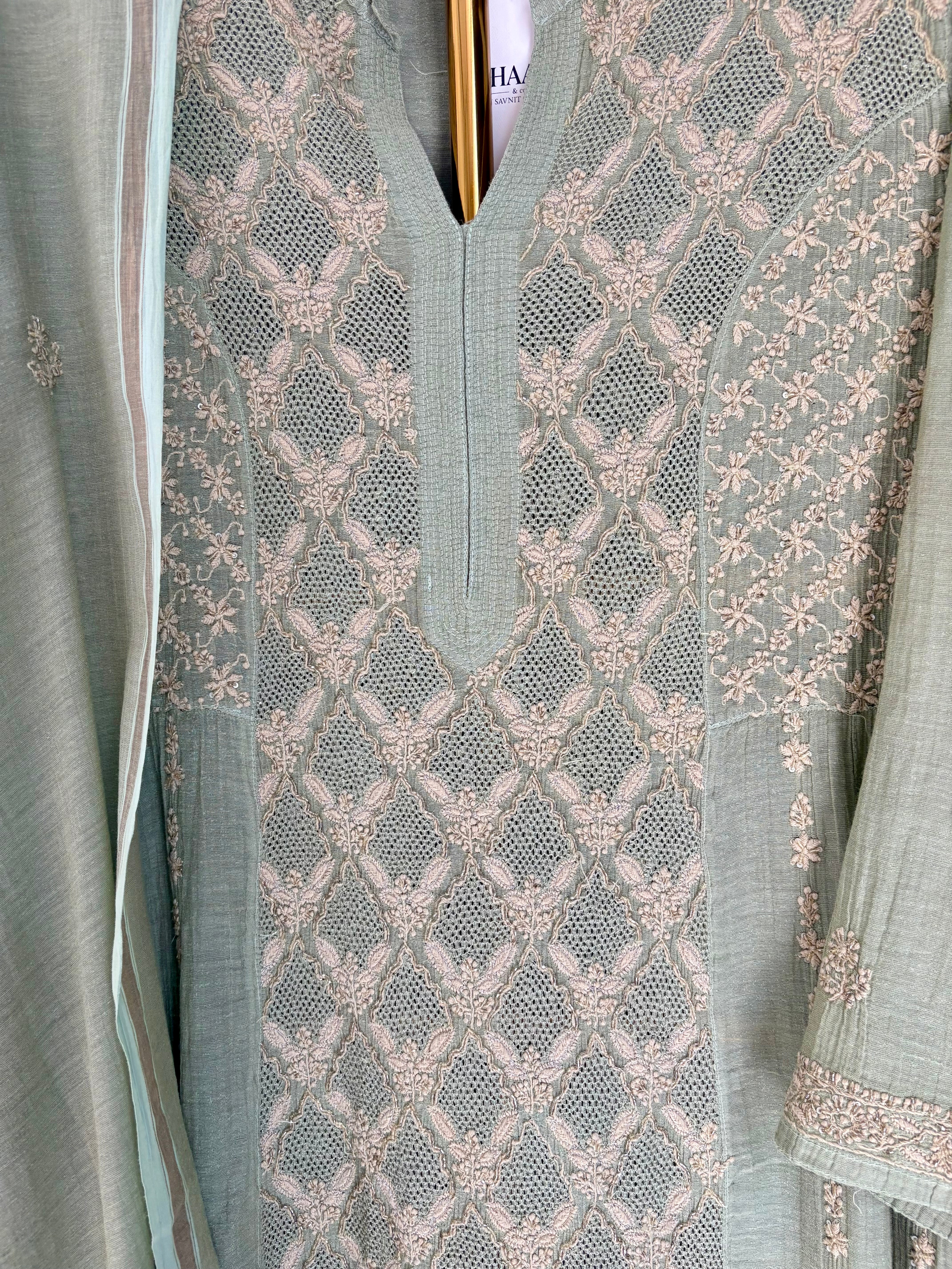 Green Tissue Chikankari Kurta Set