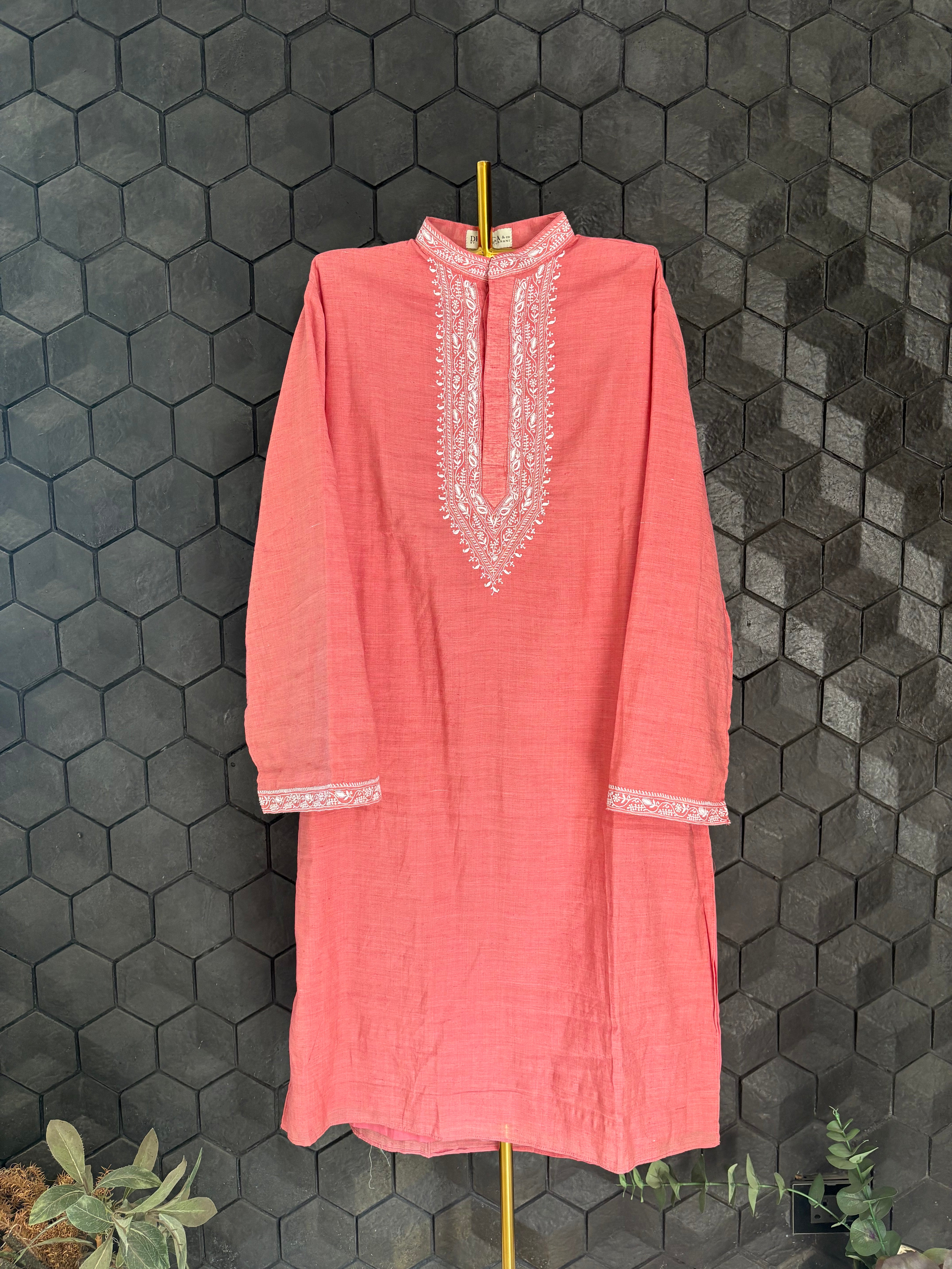 Red Chikankari Khadi Mens Kurta