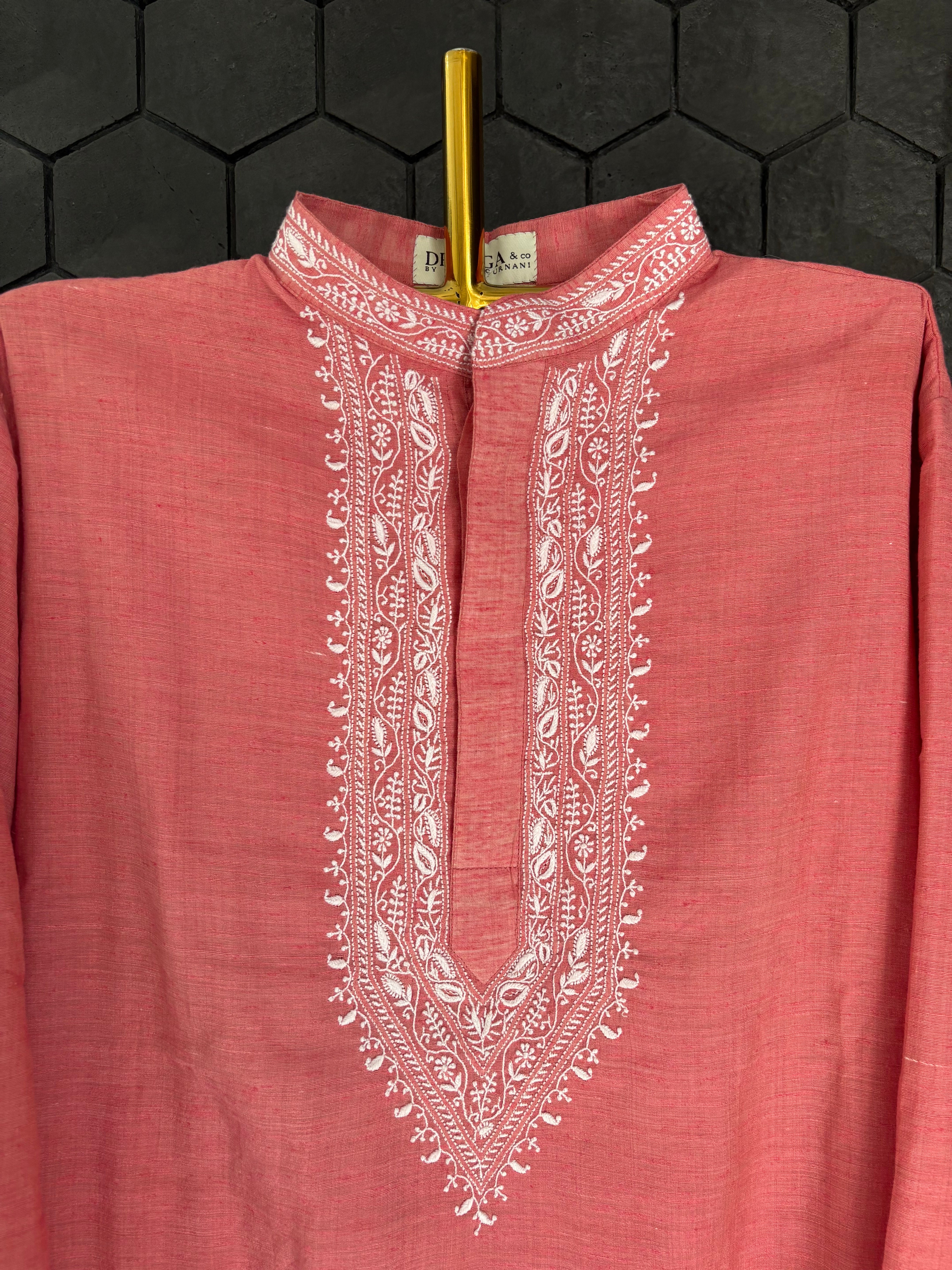 Red Chikankari Khadi Mens Kurta