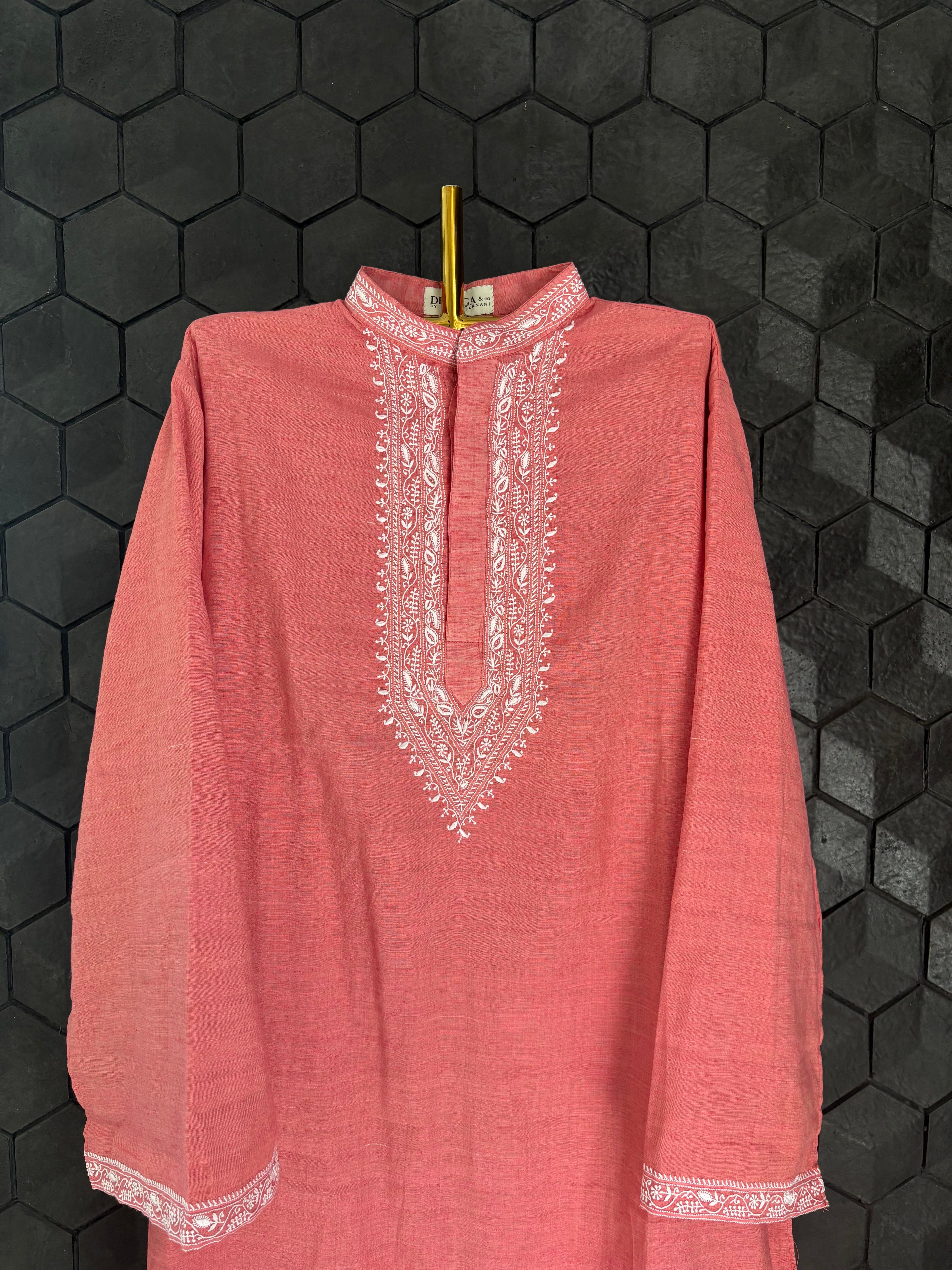 Red Chikankari Khadi Mens Kurta