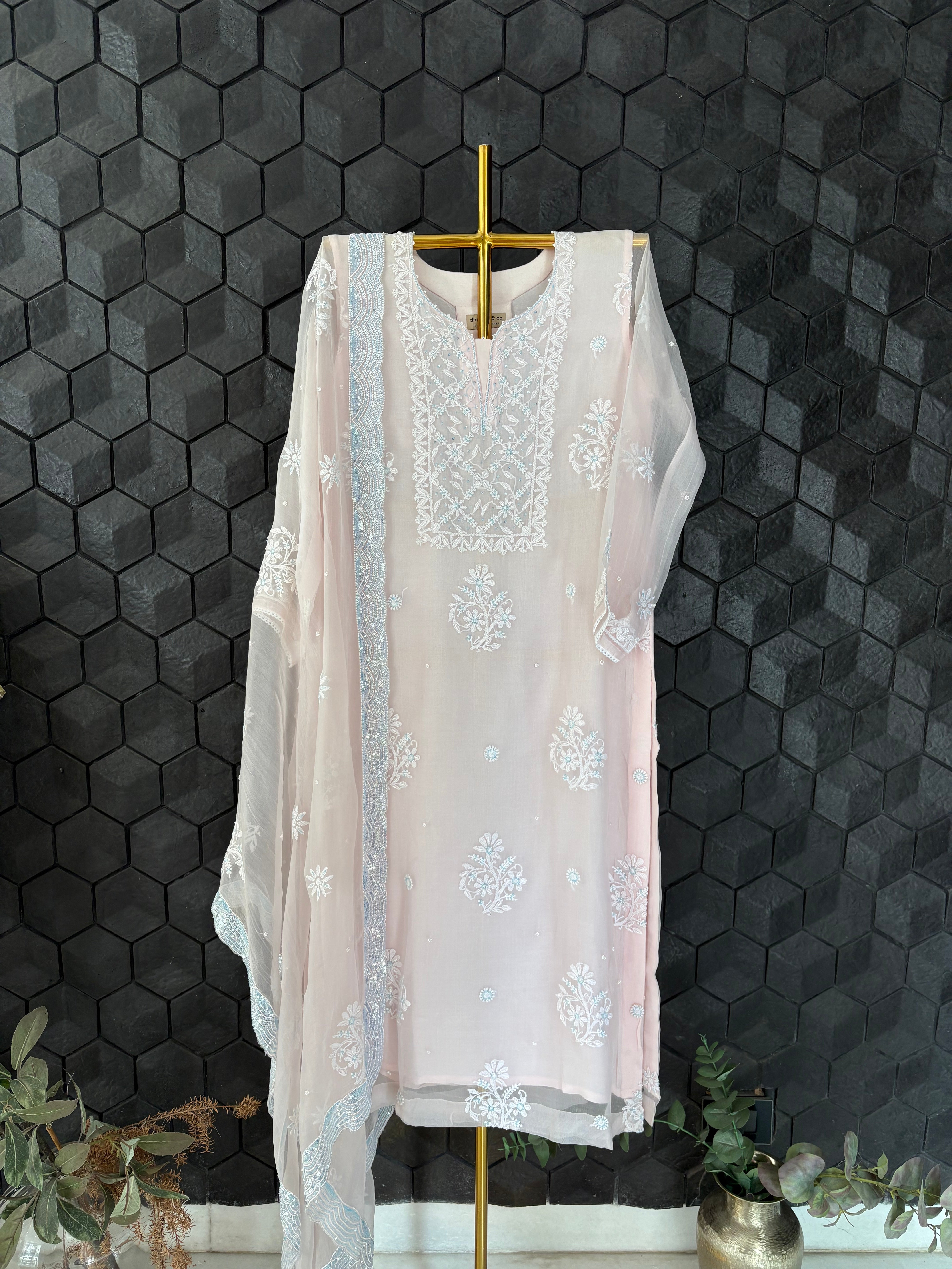 Pink Organza Chikankari Suit Set with sequins border dupatta