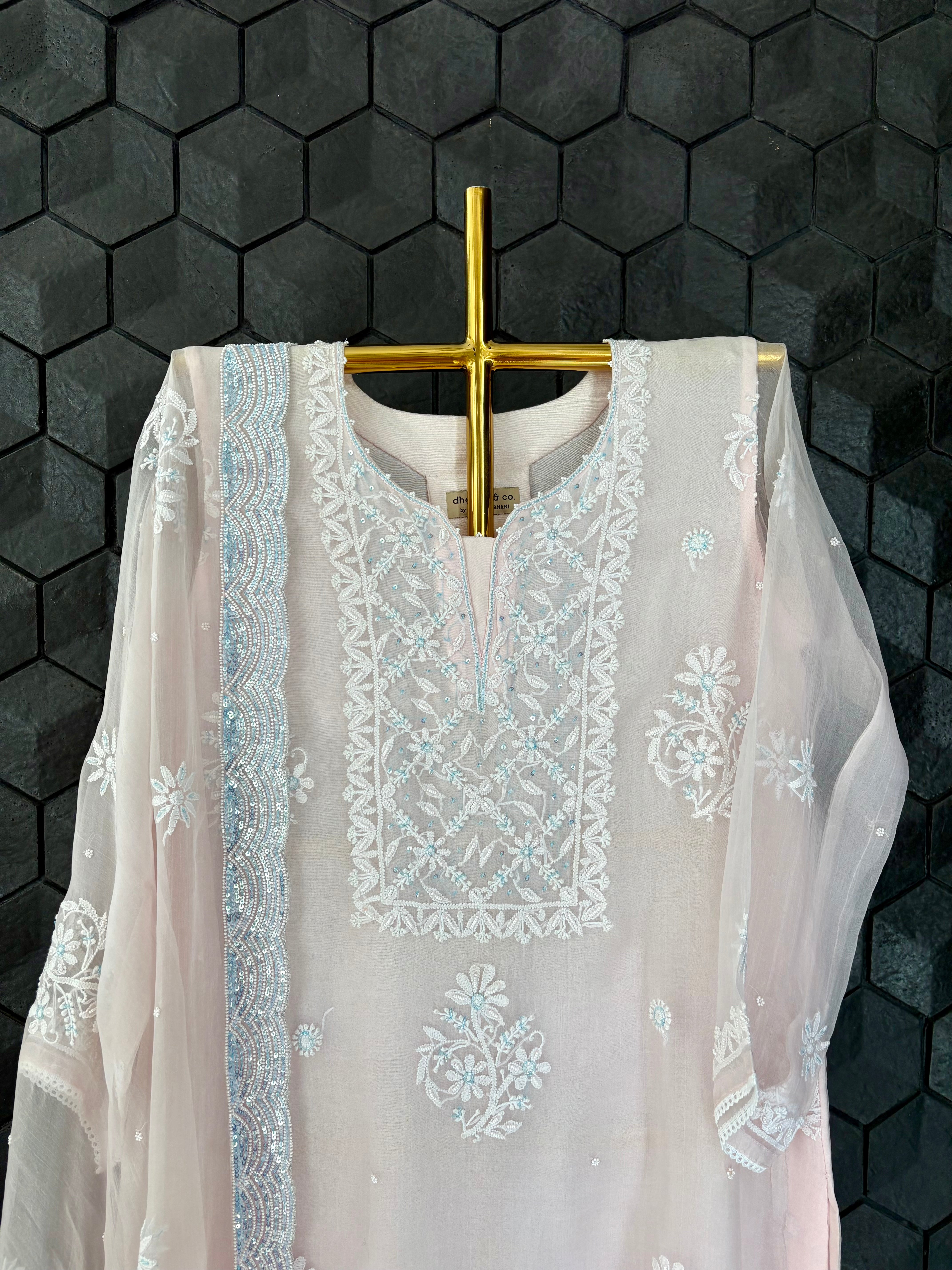 Pink Organza Chikankari Suit Set with sequins border dupatta