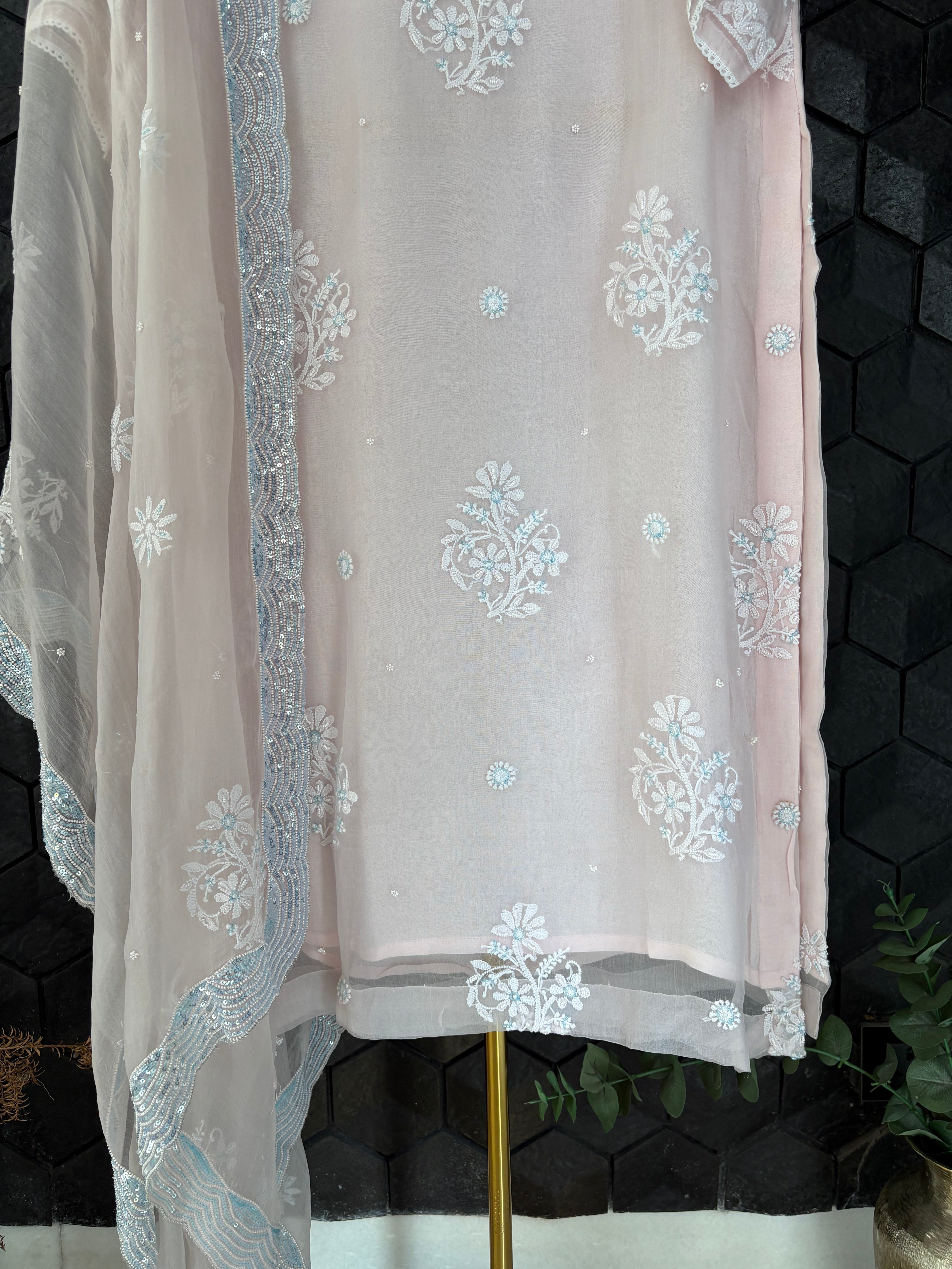 Pink Organza Chikankari Suit Set