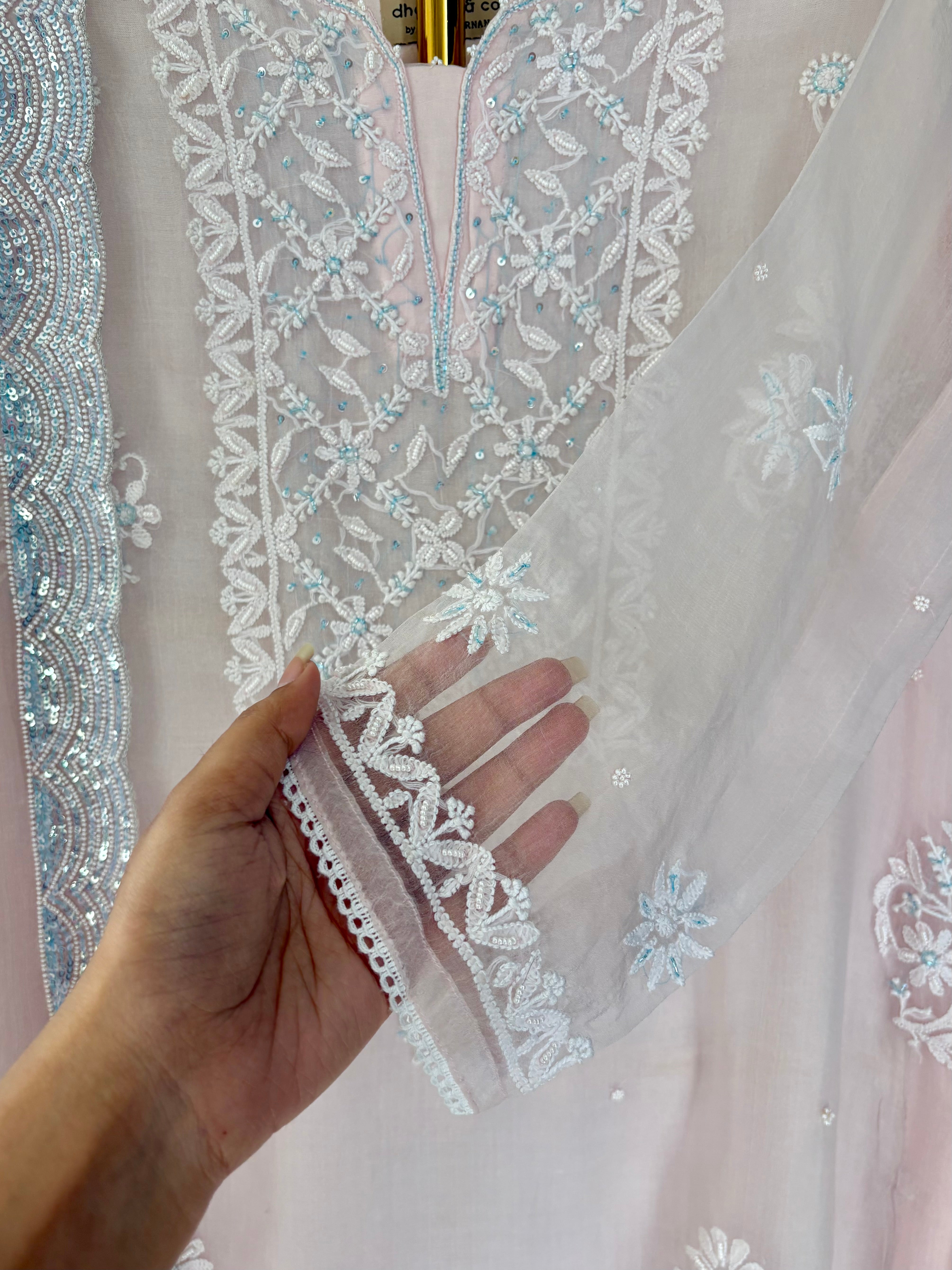 Pink Organza Chikankari Suit Set with sequins border dupatta