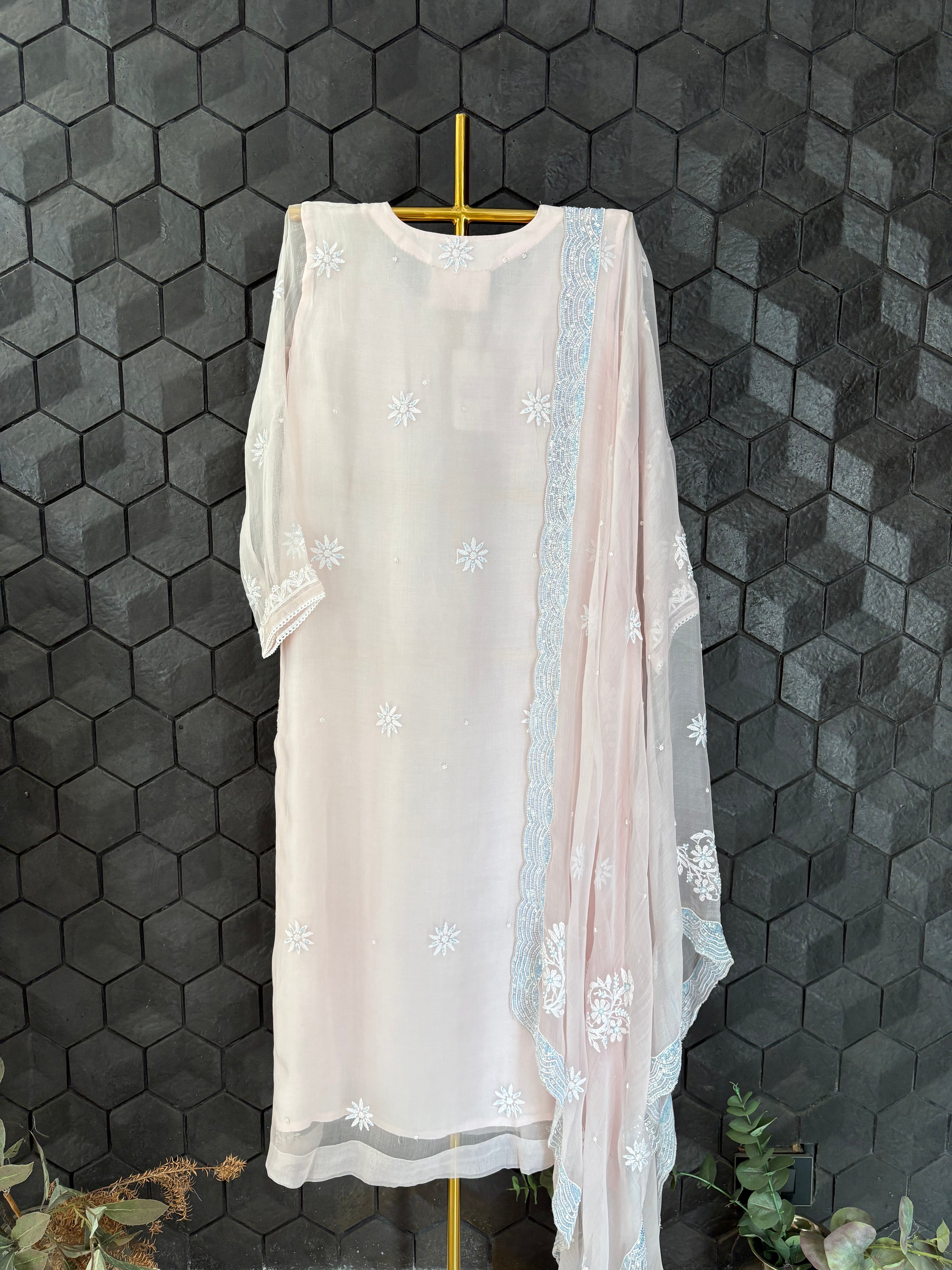 Pink Organza Chikankari Suit Set
