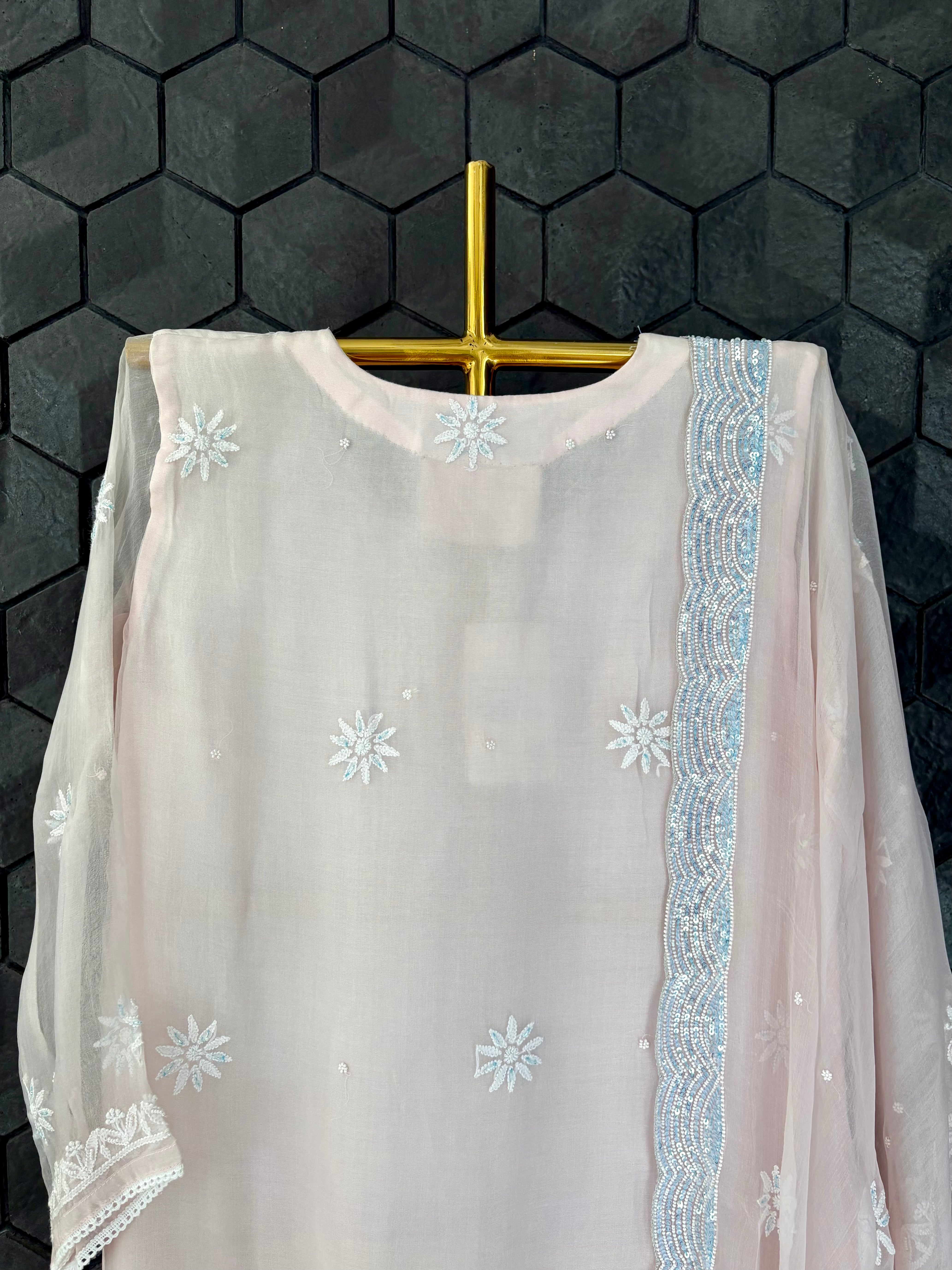 Pink Organza Chikankari Suit Set