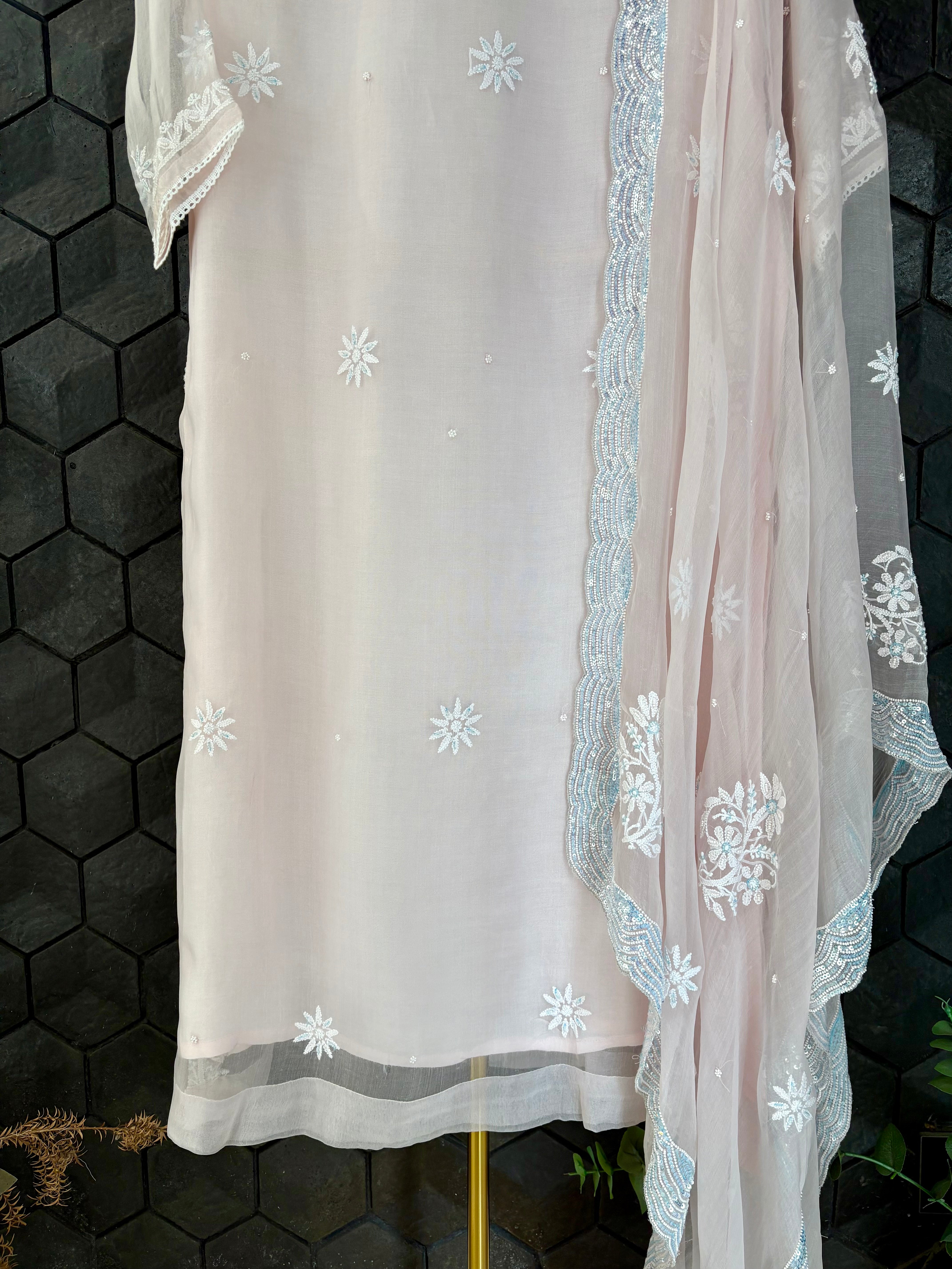 Pink Organza Chikankari Suit Set
