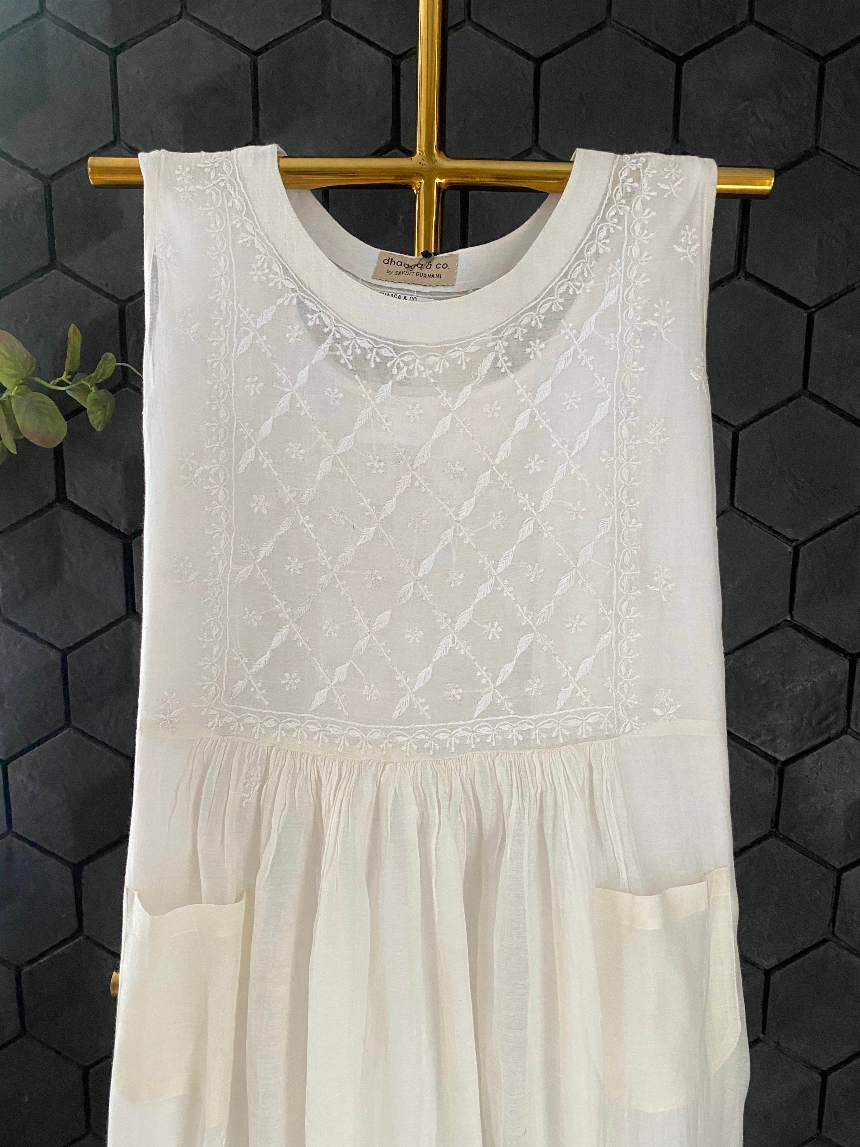 White Mul Chanderi Sleeveless Dress