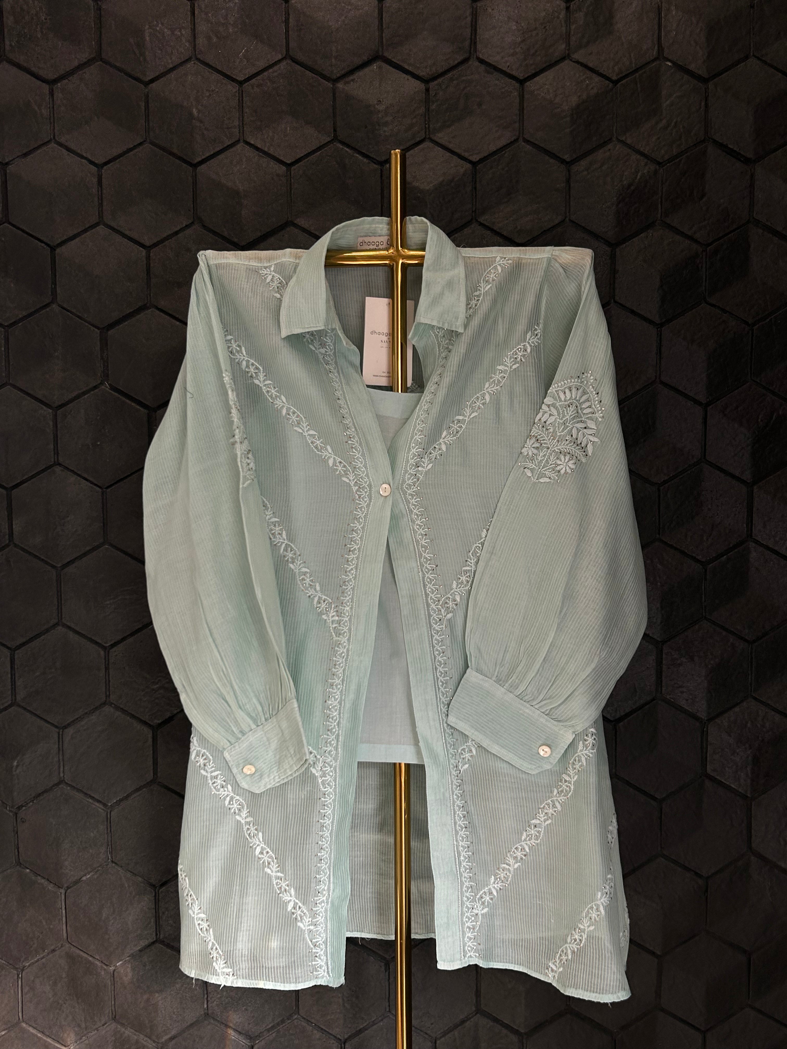 Sea Green Maheshwari Chanderi Chikankari Shirt