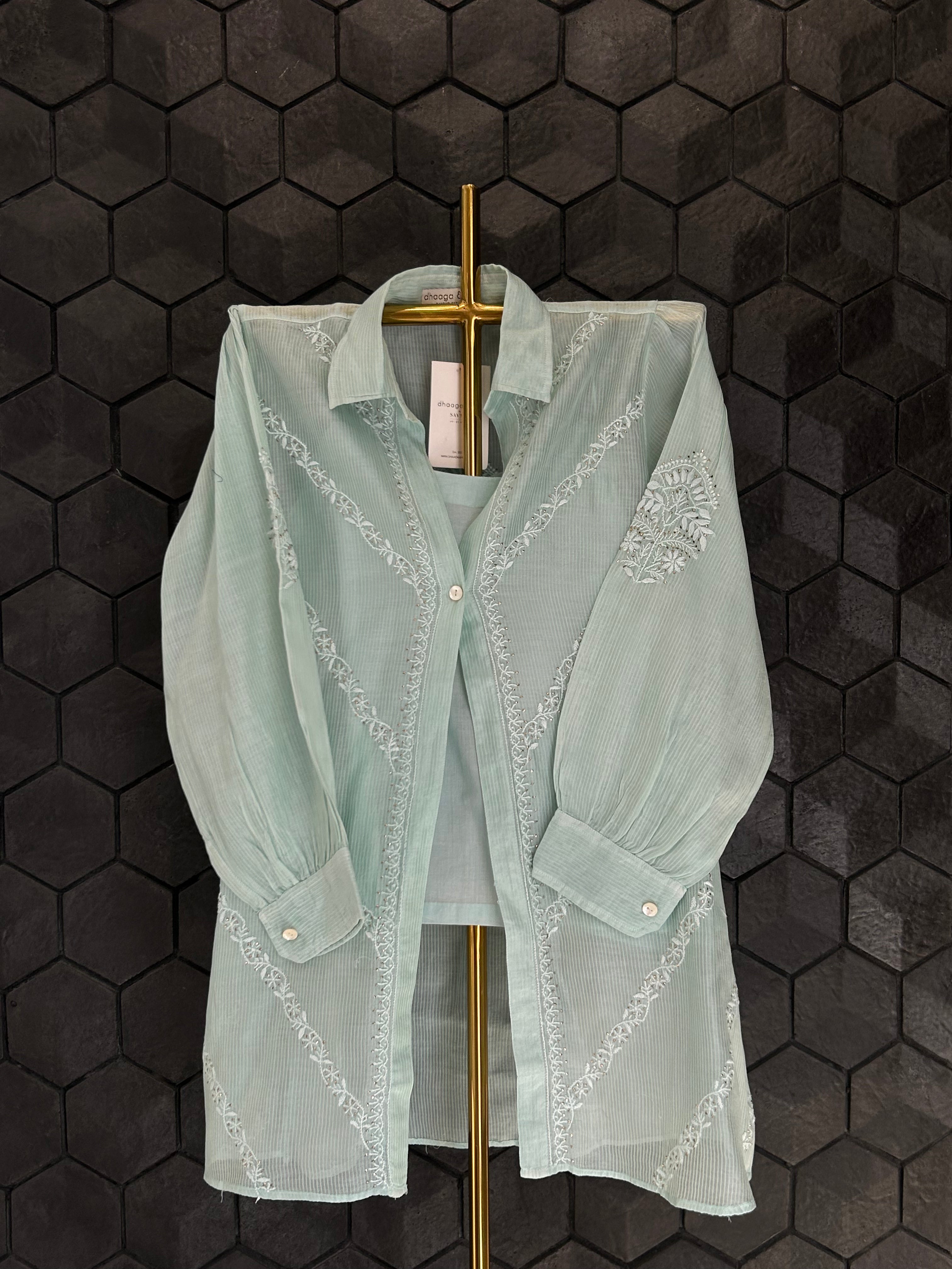 Sea Green Maheshwari Chanderi Chikankari Shirt