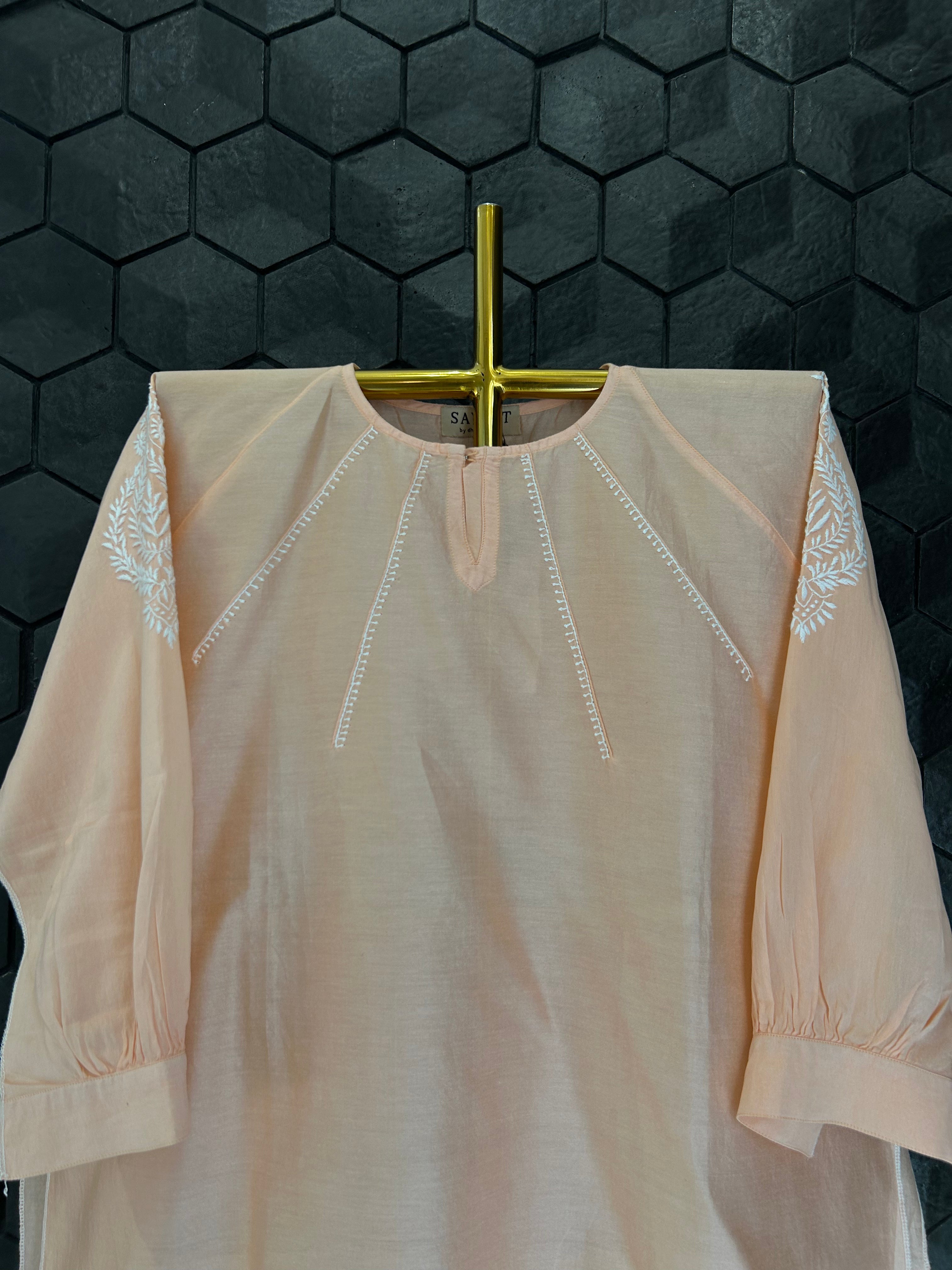 Peach Chanderi Chikankari Short Shirt