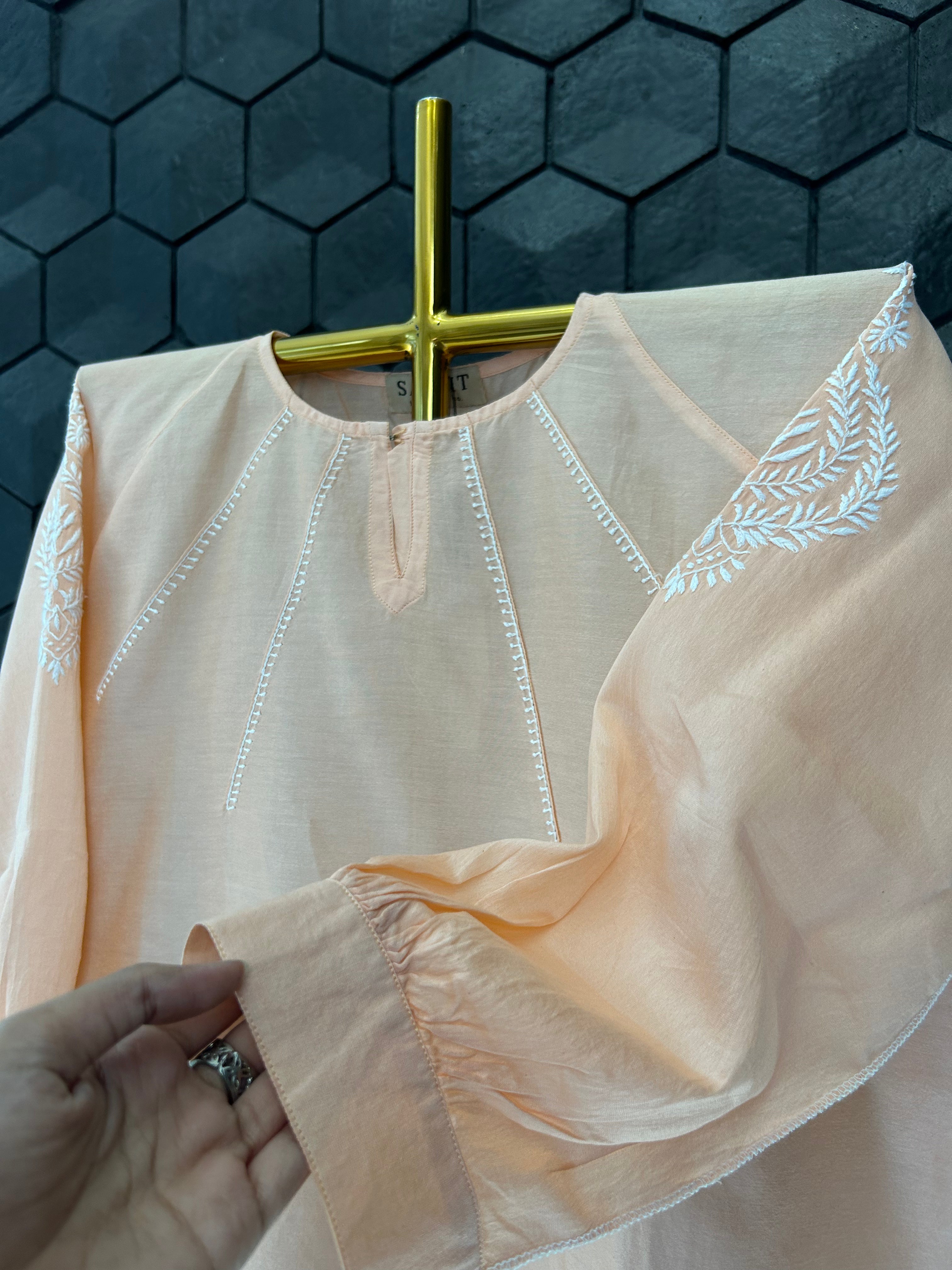 Peach Chanderi Chikankari Short Shirt