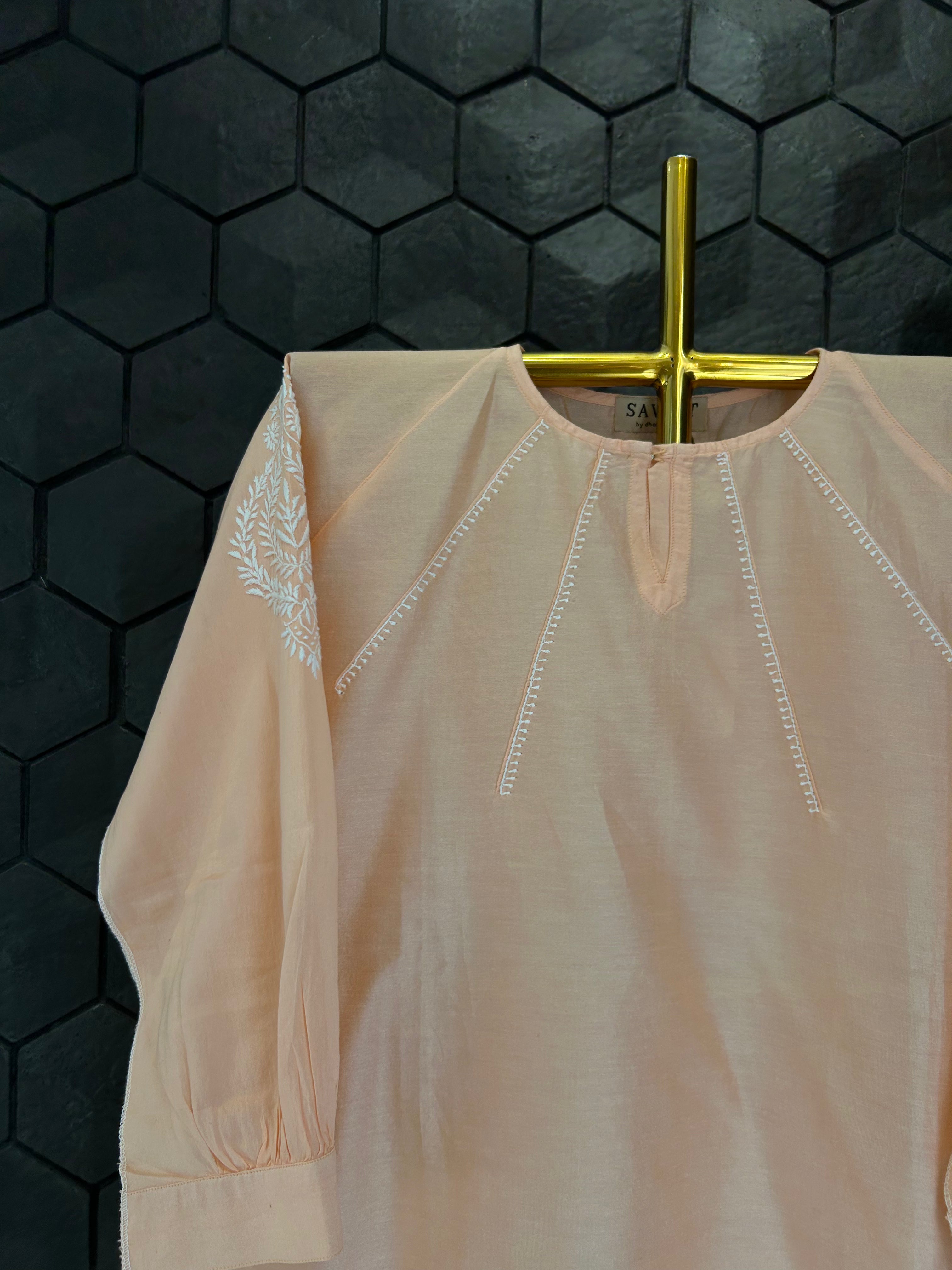 Peach Chanderi Chikankari Short Shirt