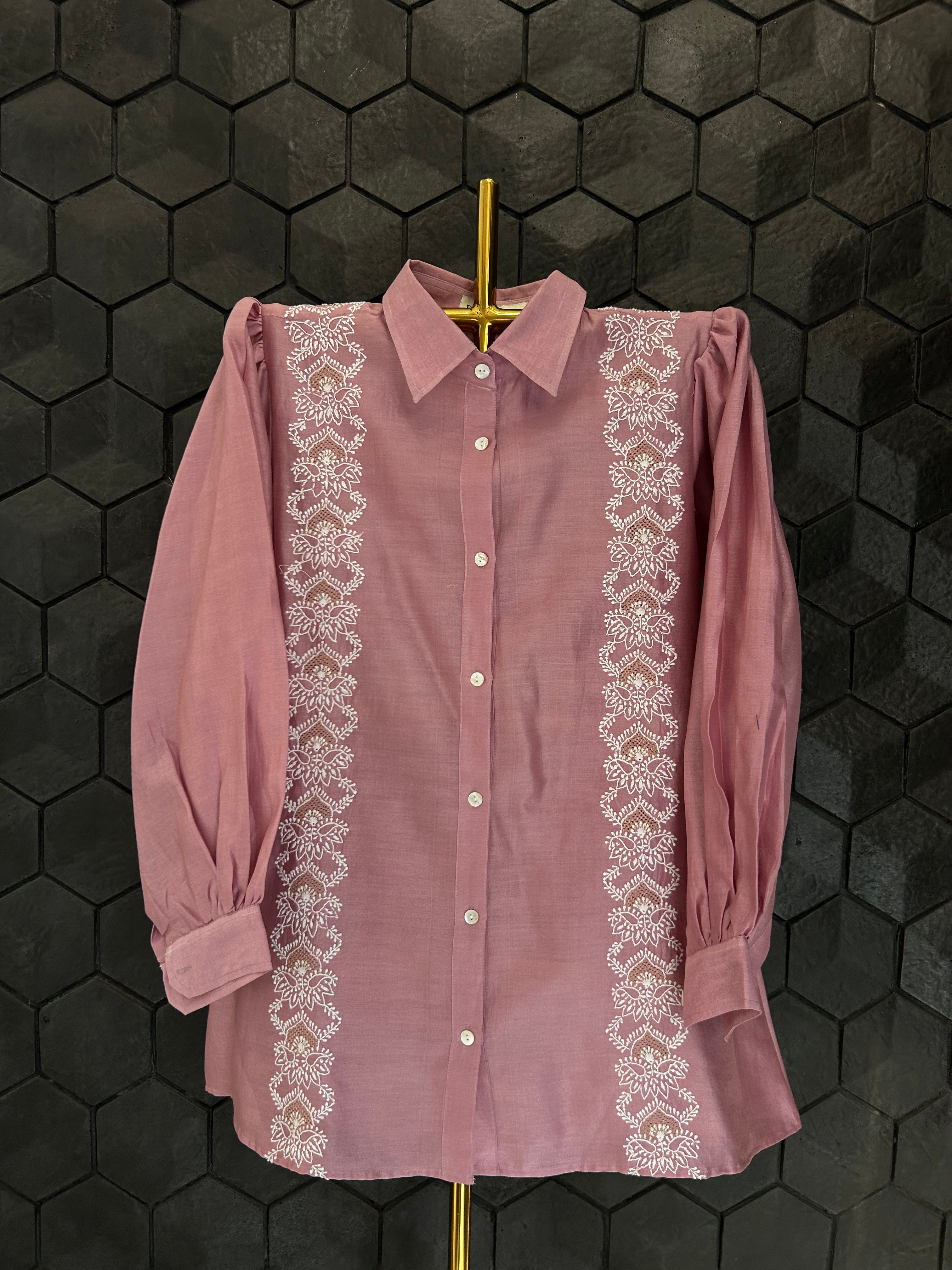 Onion Pink Chanderi Chikankari Shirt