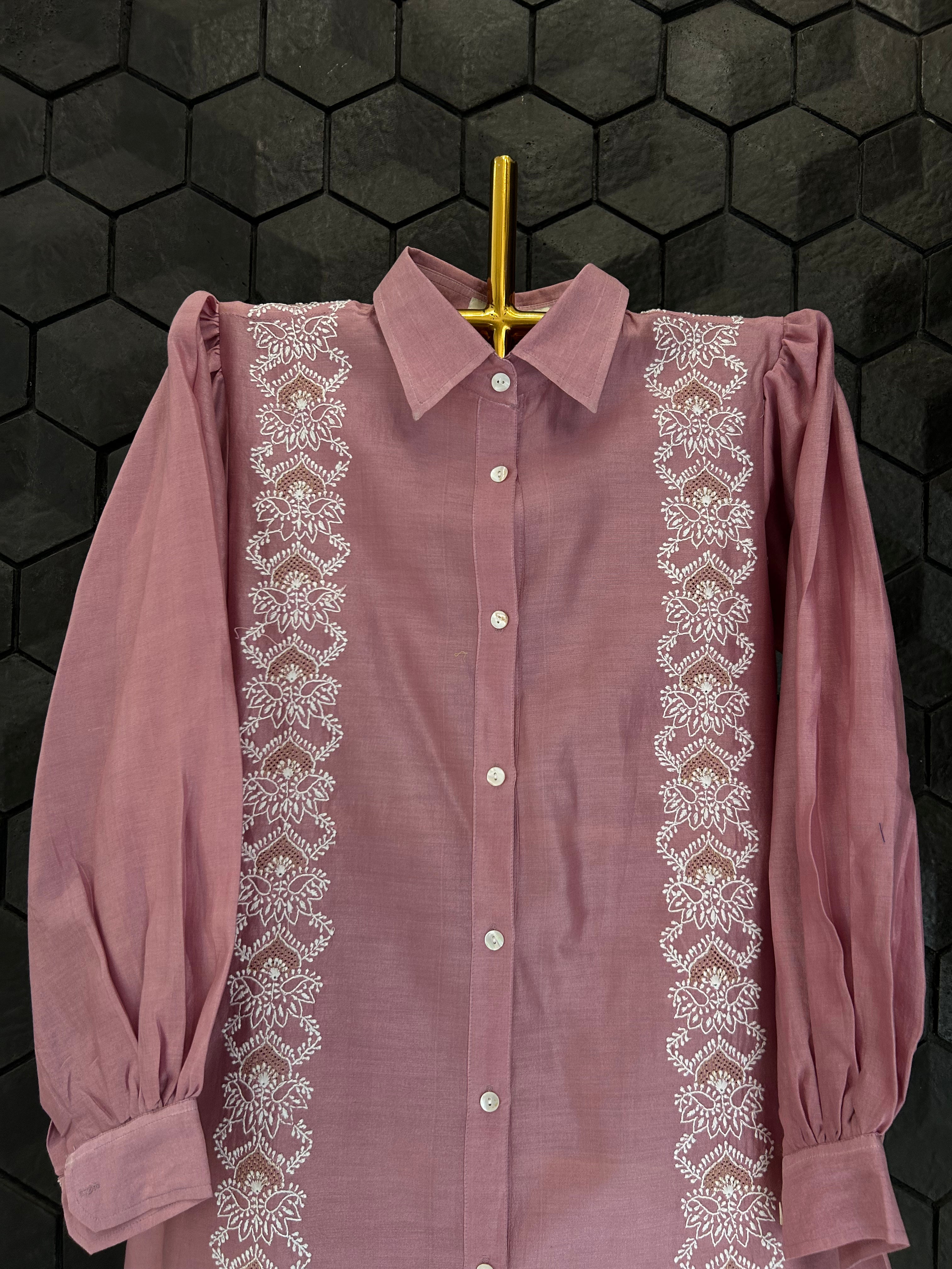Onion Pink Chanderi Chikankari Shirt