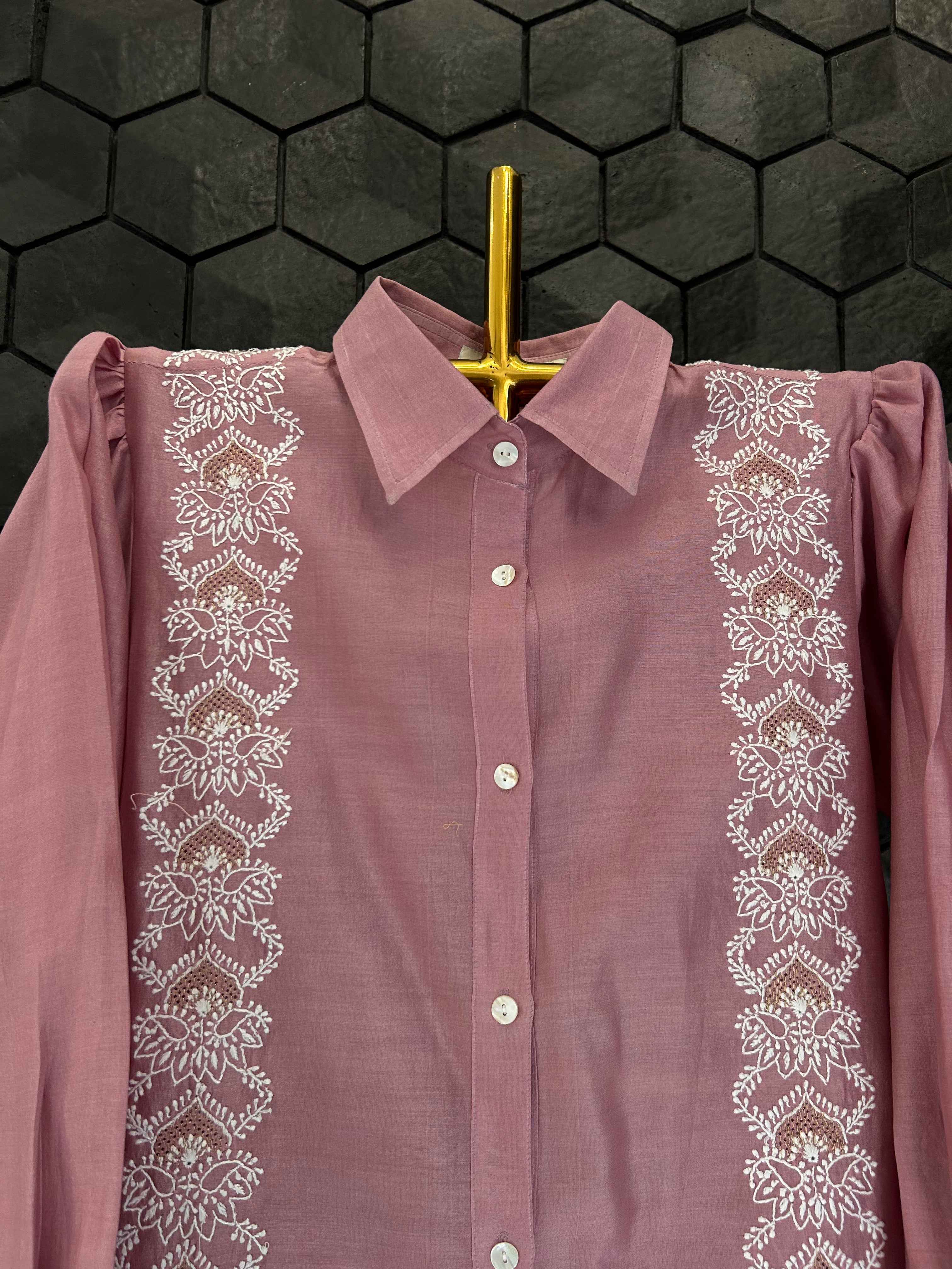 Onion Pink Chanderi Chikankari Shirt