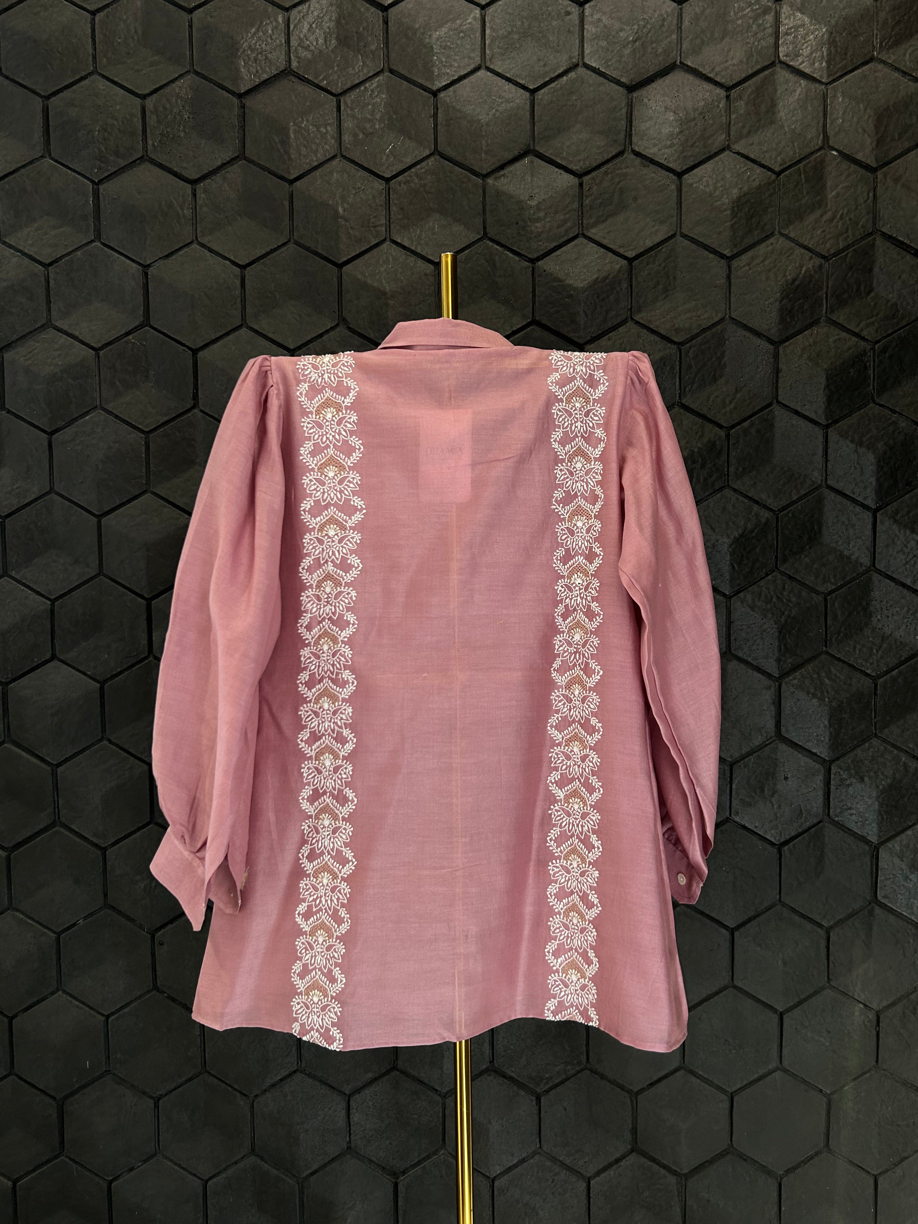 Onion Pink Chanderi Chikankari Shirt