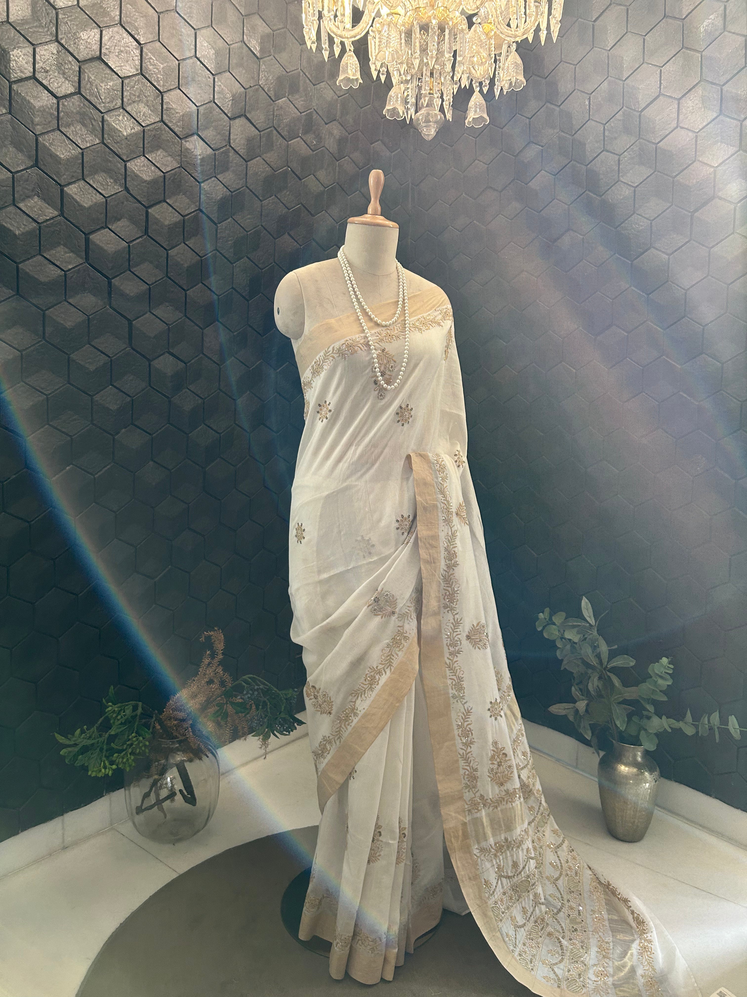Ivory Chanderi Chikankari Saree with Statement Aari Work