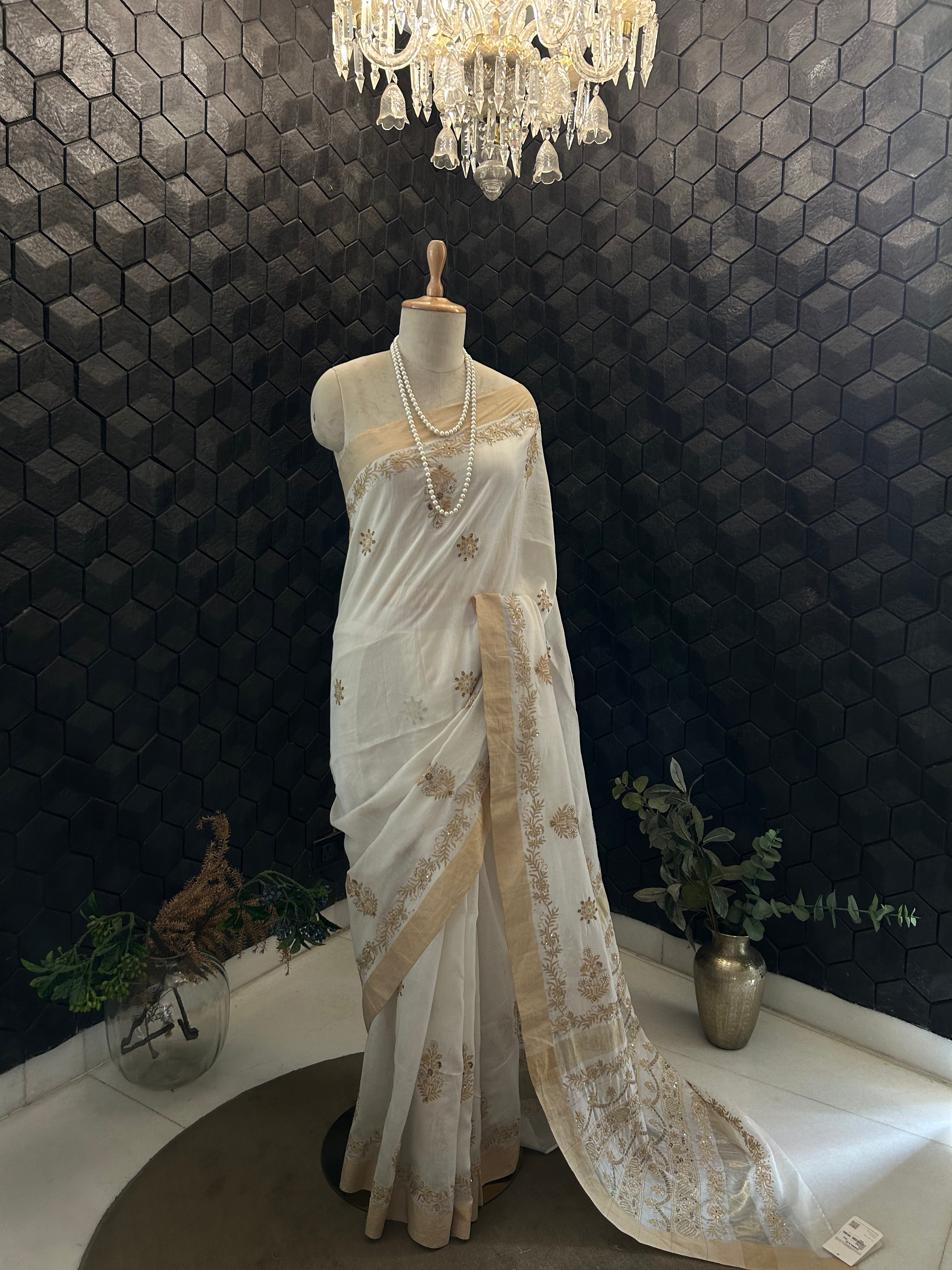 Ivory Chanderi Chikankari Saree with Statement Aari Work