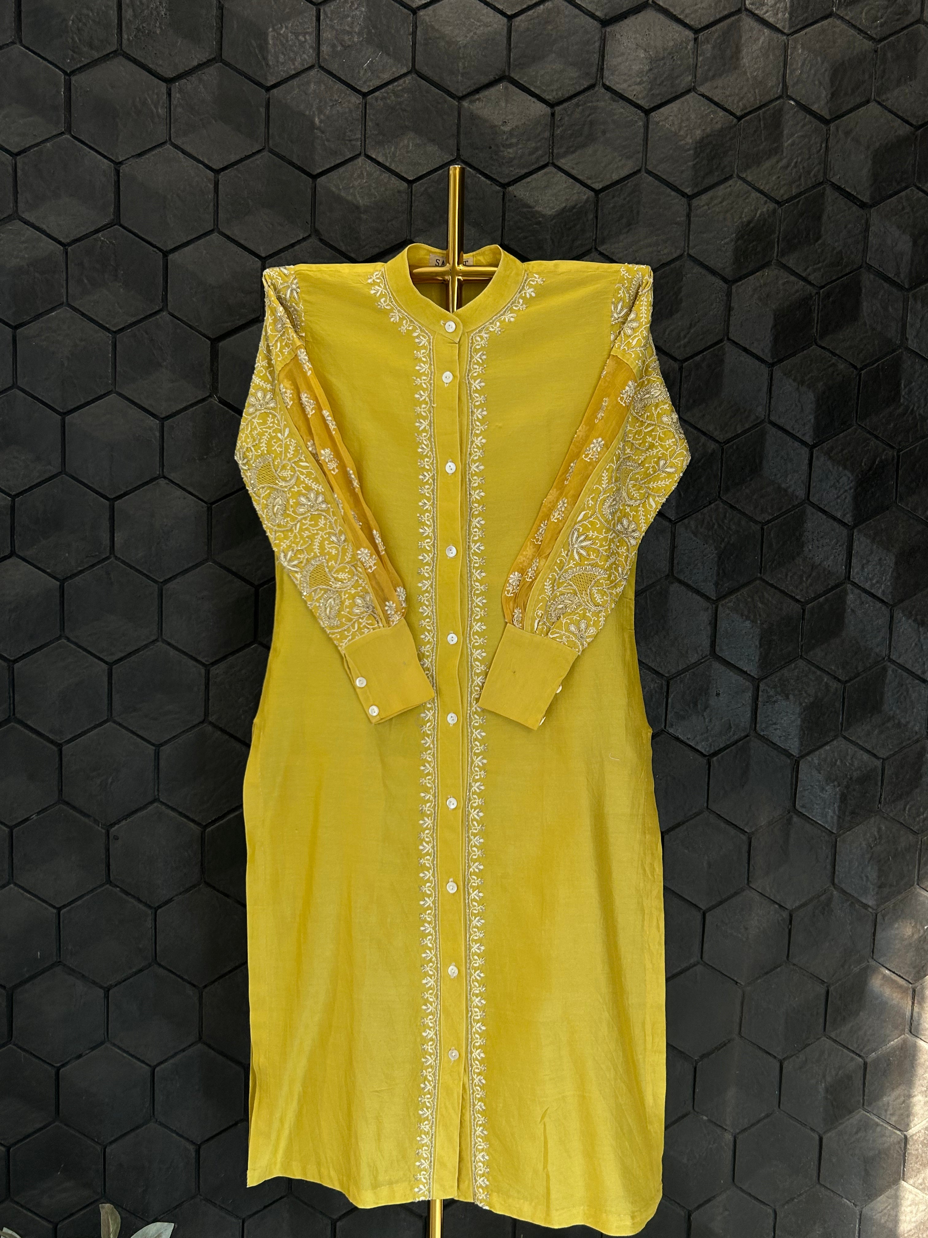 Lime Green Organza Patch Kurta Style Shirt