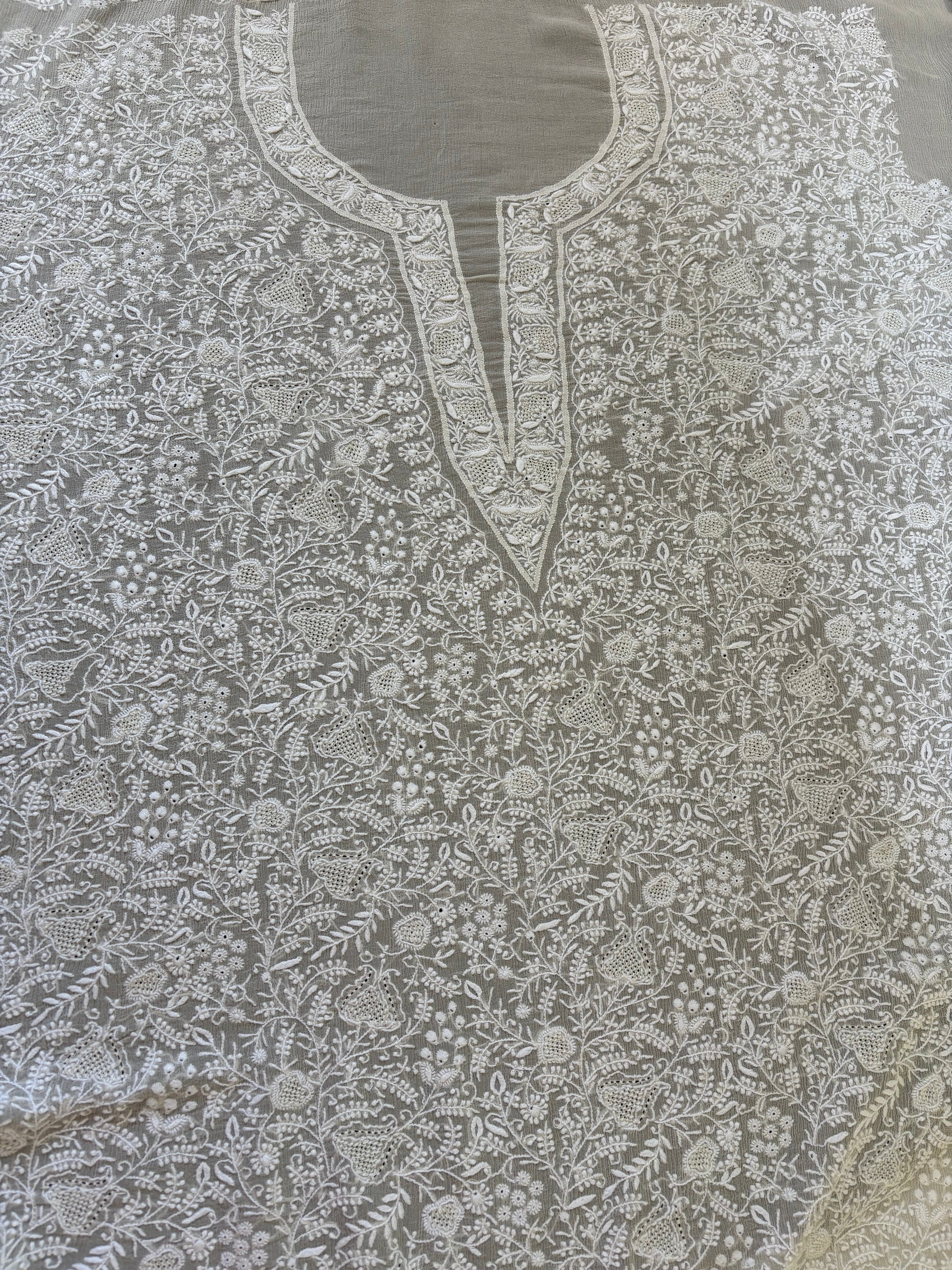 White Chiffon Chikankari Kurta Set
