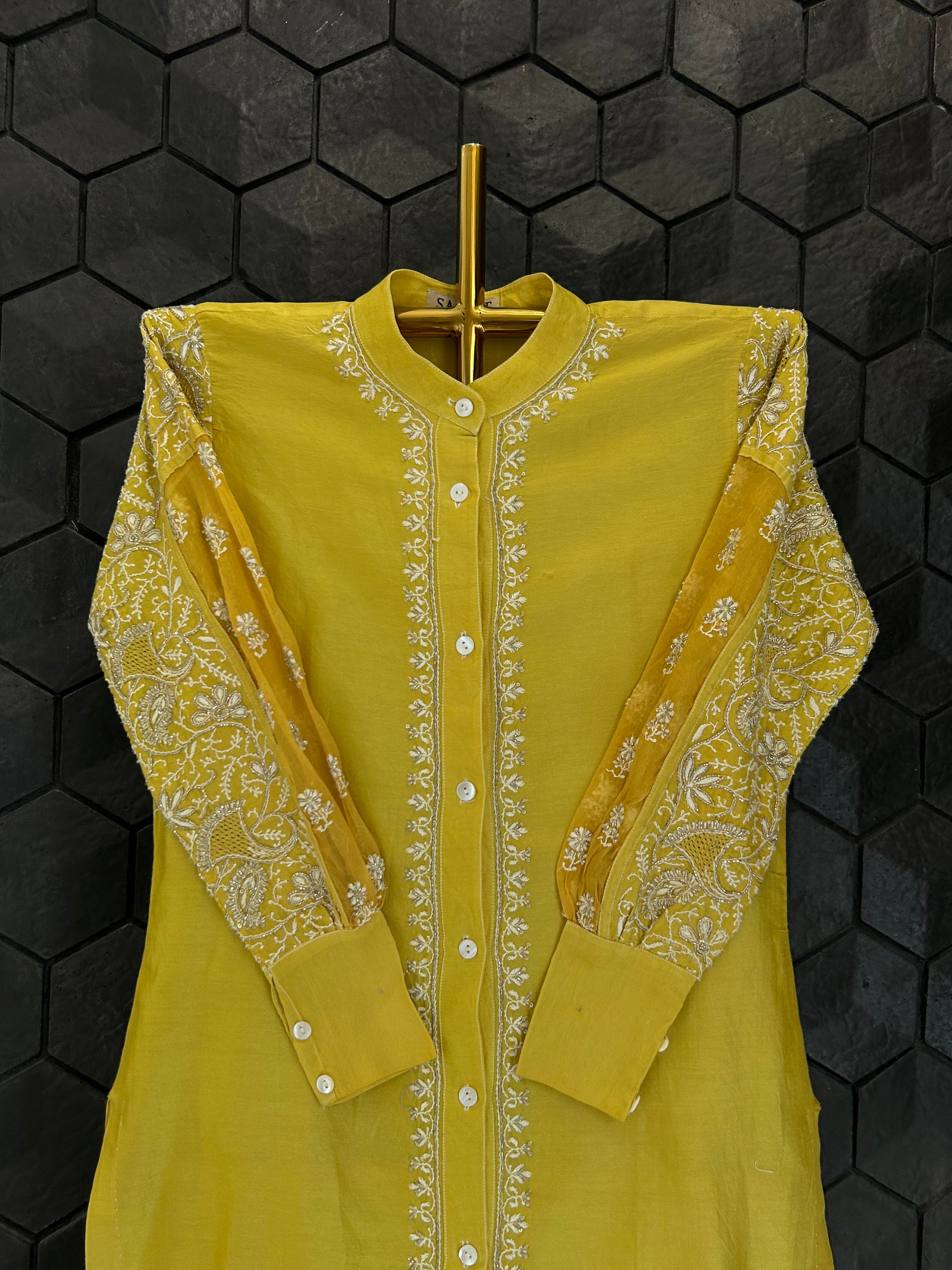 Lime Green Organza Patch Kurta Style Shirt