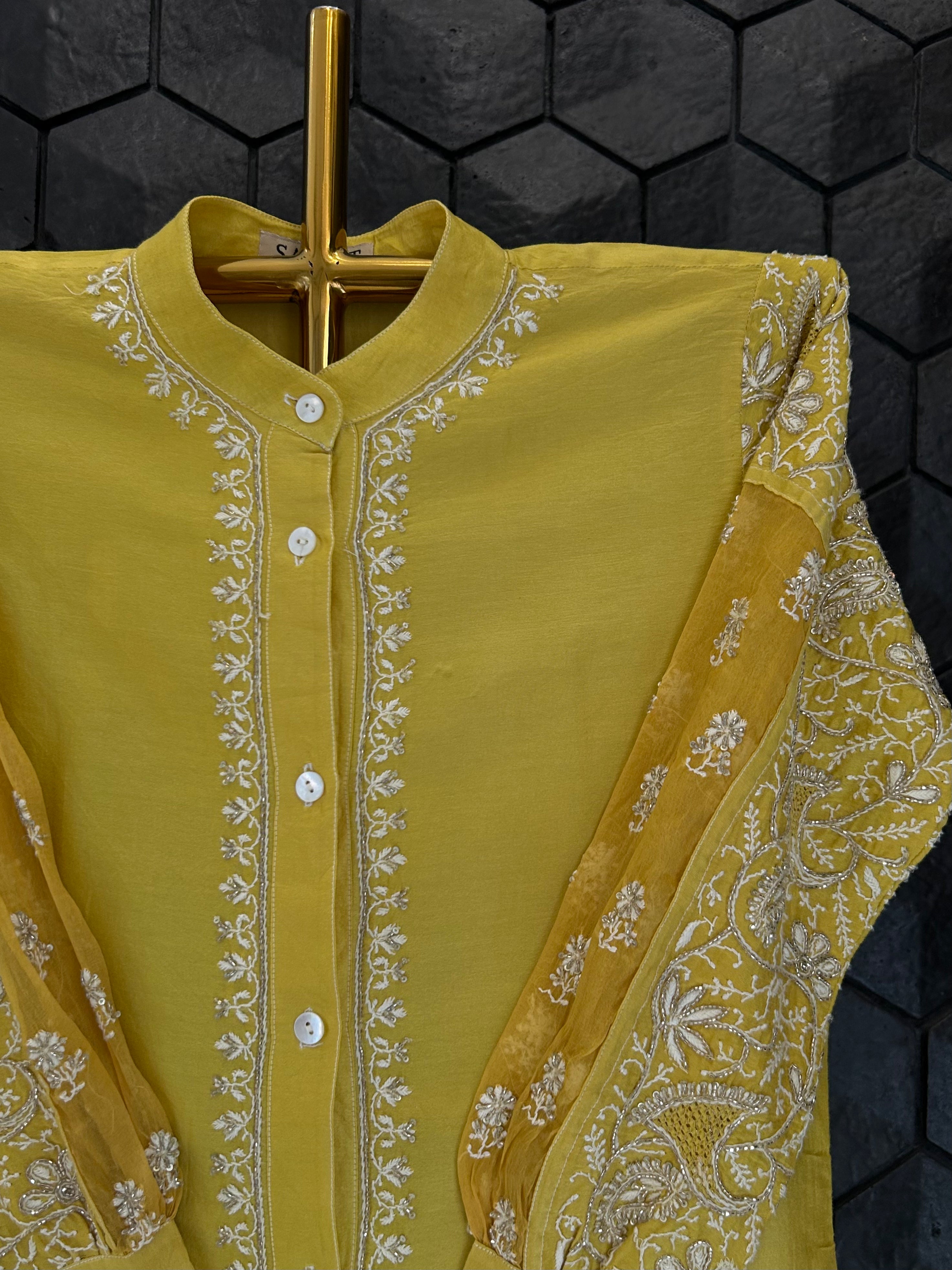Lime Green Organza Patch Kurta Style Shirt