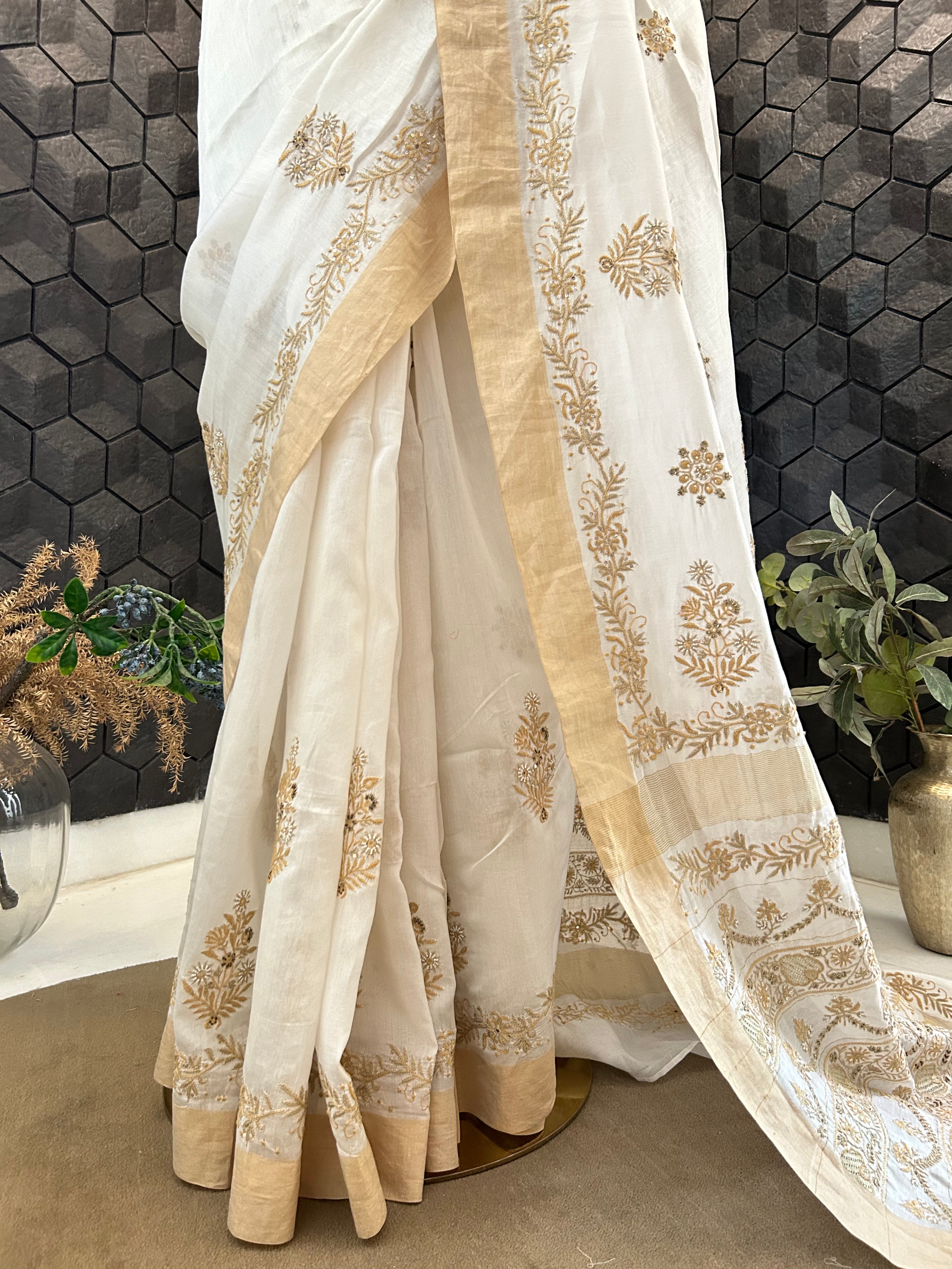 Ivory Chanderi Chikankari Saree with Statement Aari Work