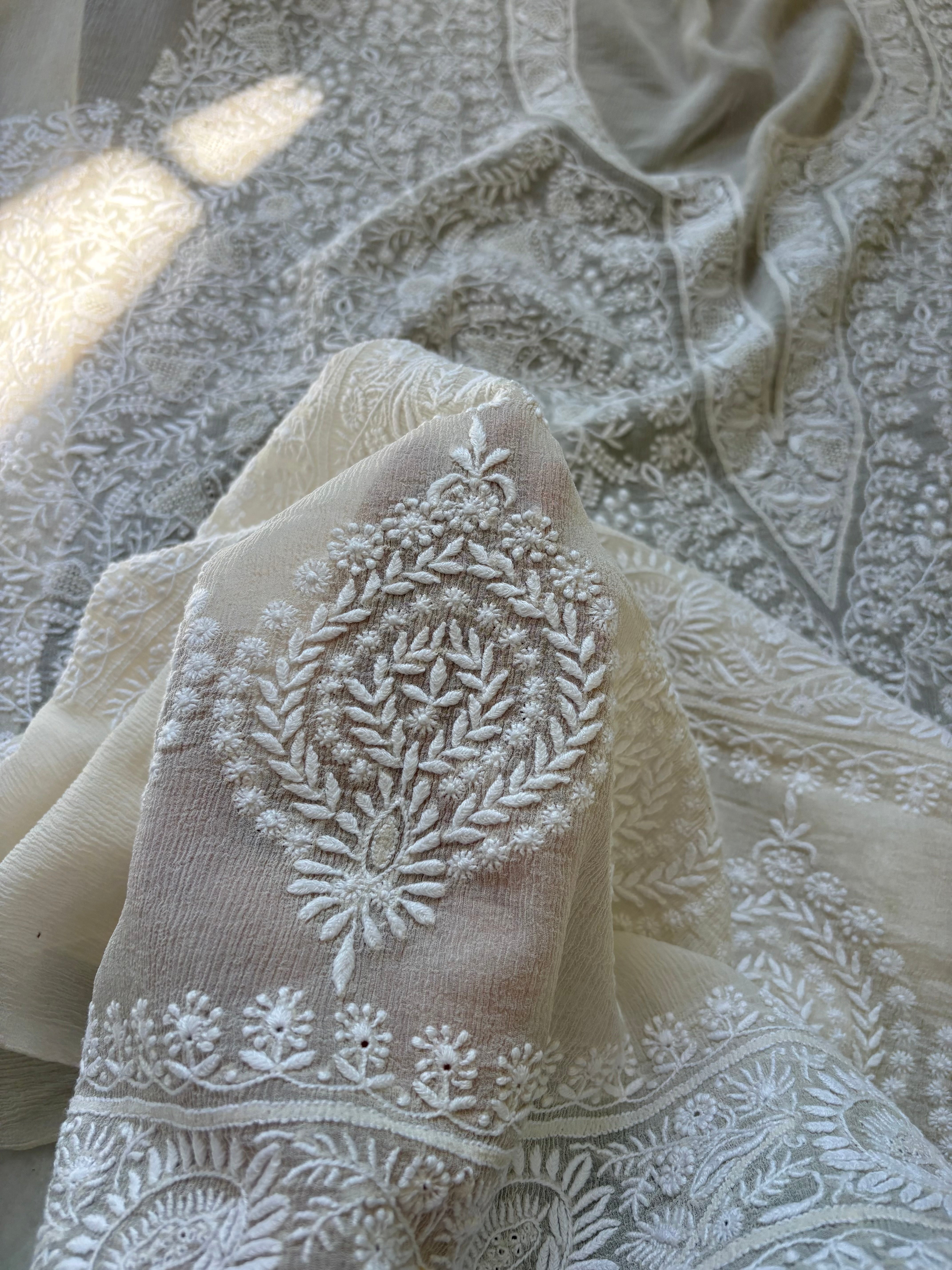 White Chiffon Chikankari Kurta Set