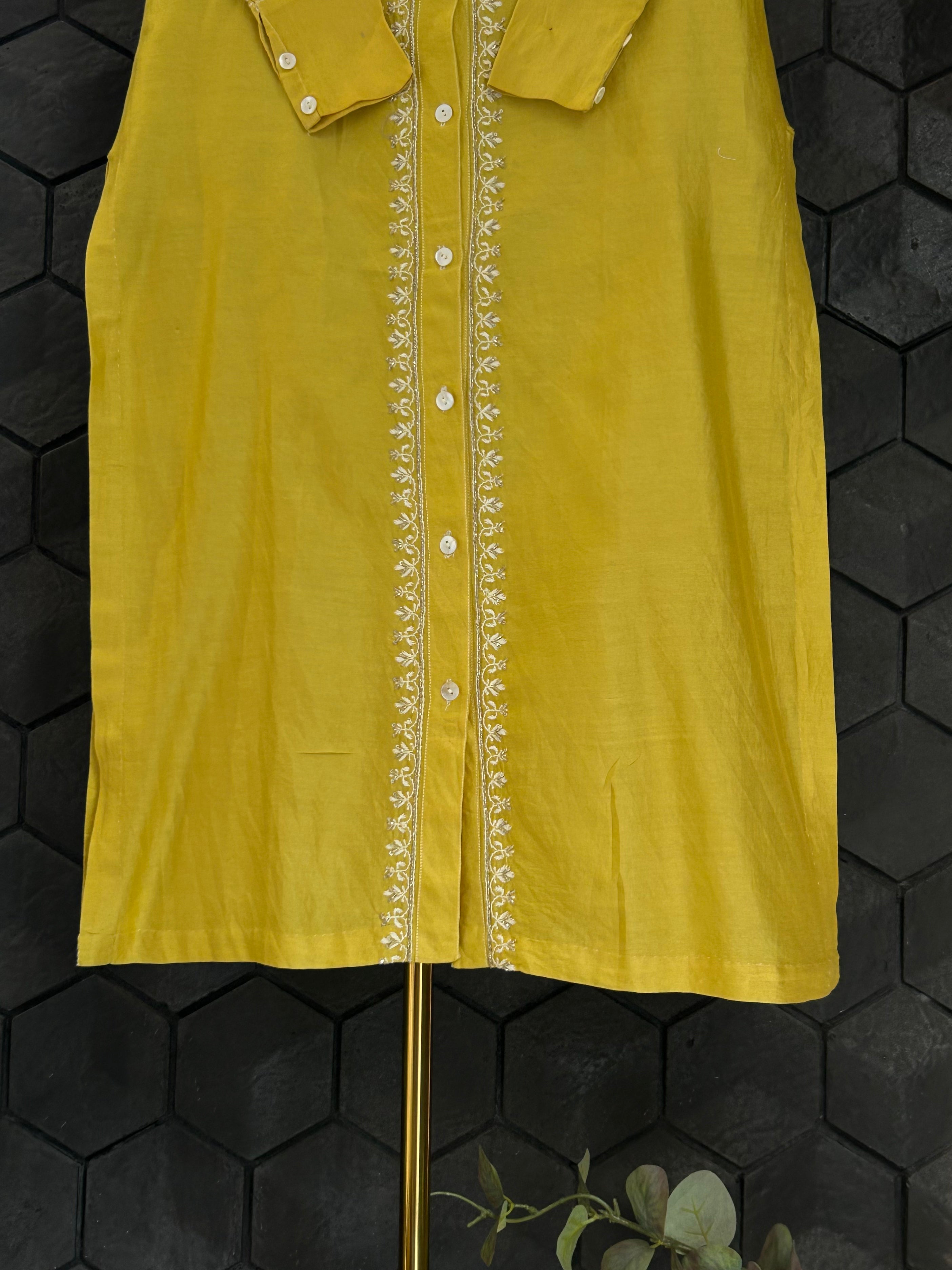 Lime Green Organza Patch Kurta Style Shirt