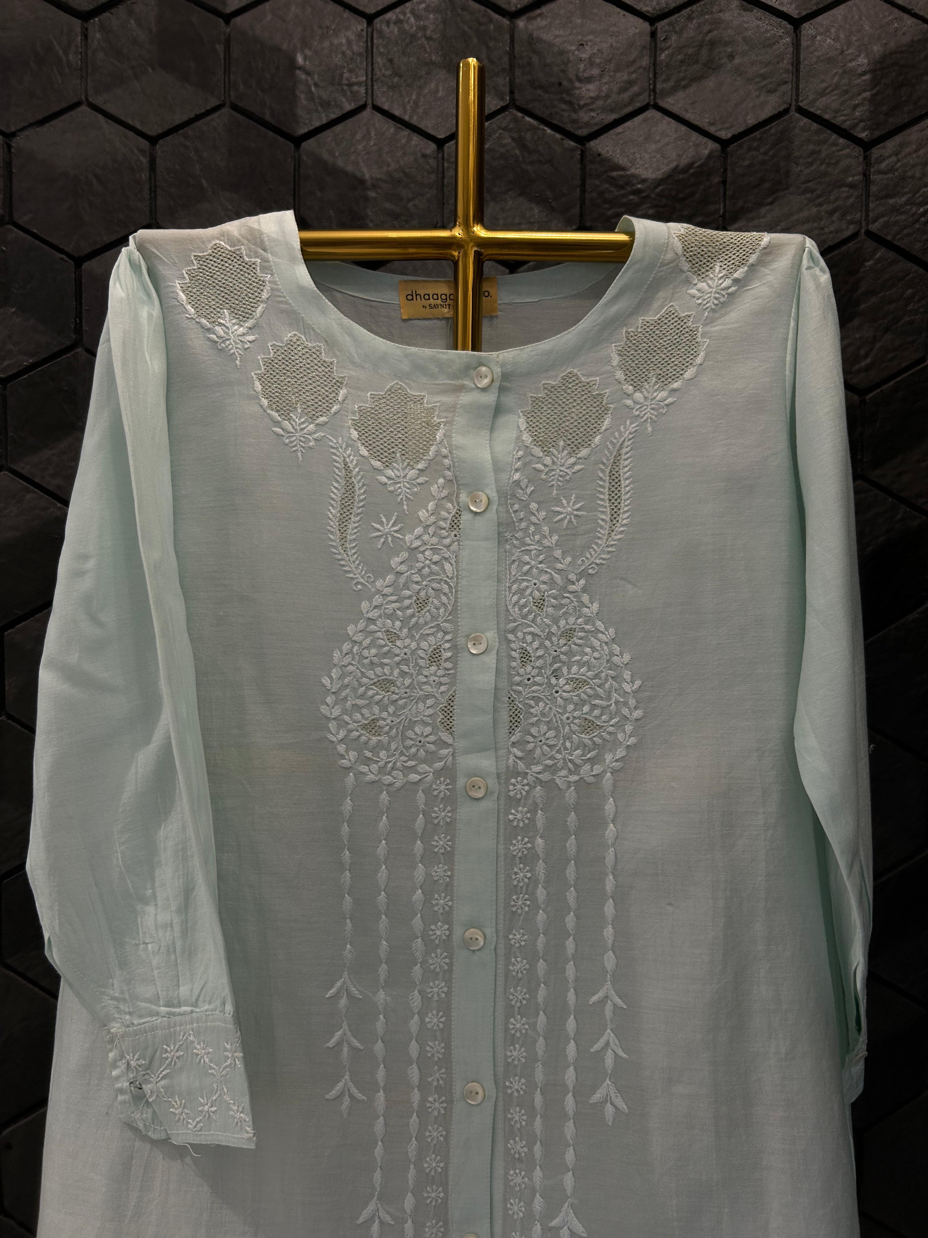 Sea Green Chanderi Chikankari Co-ord sets