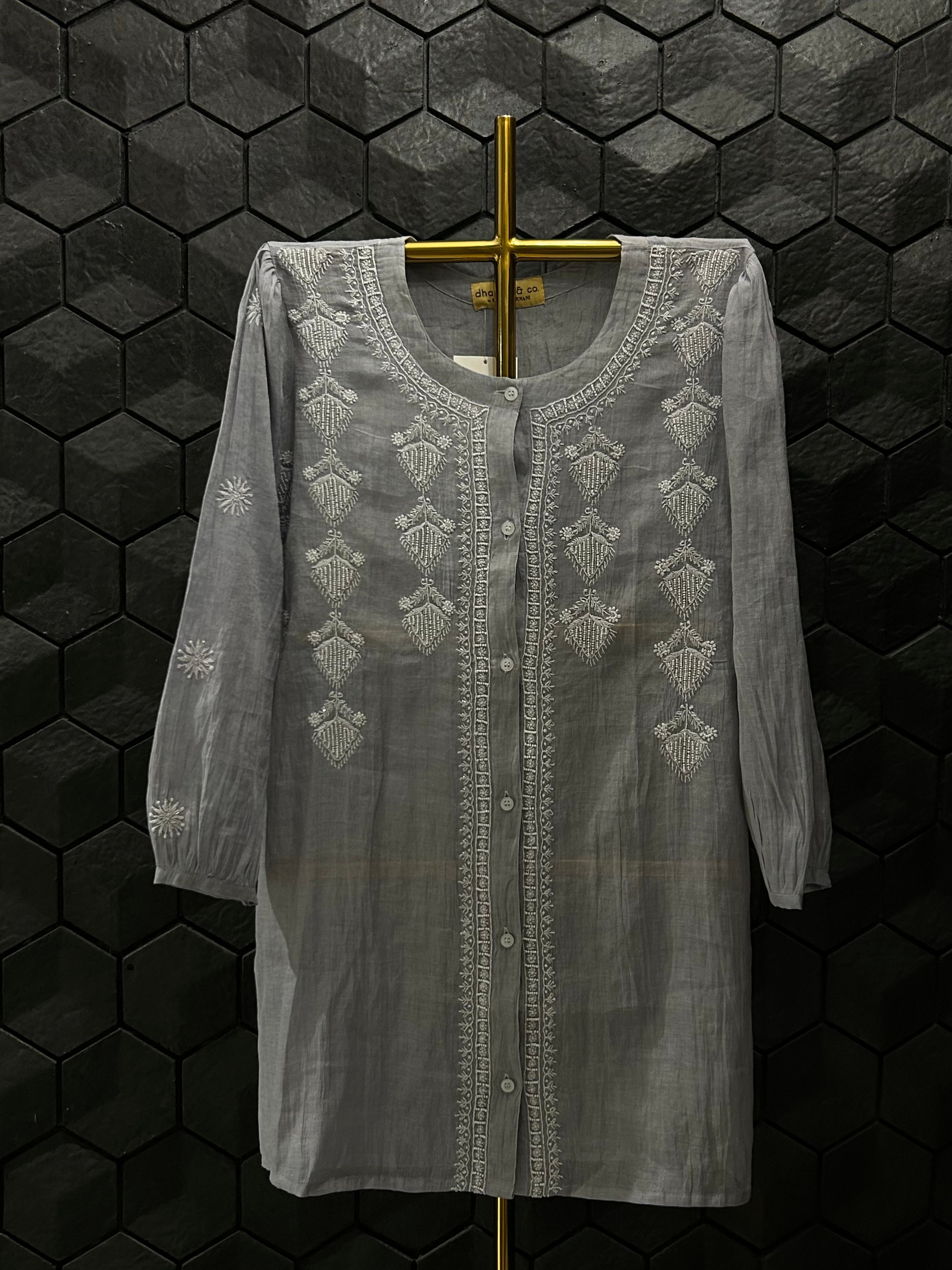 Grey Silver Tissue Chikankari Co-ord Set