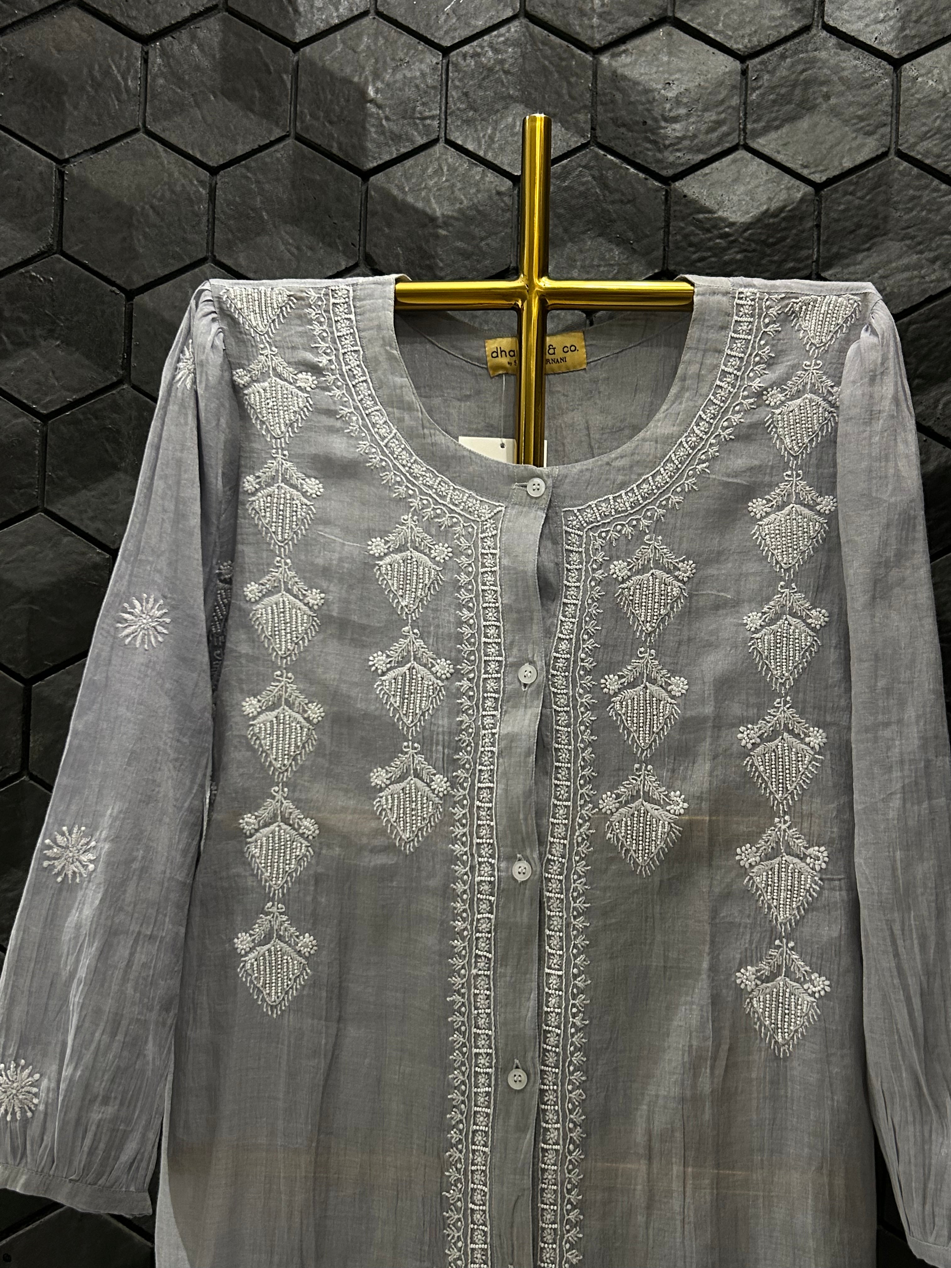Grey Silver Tissue Chikankari Co-ord Set