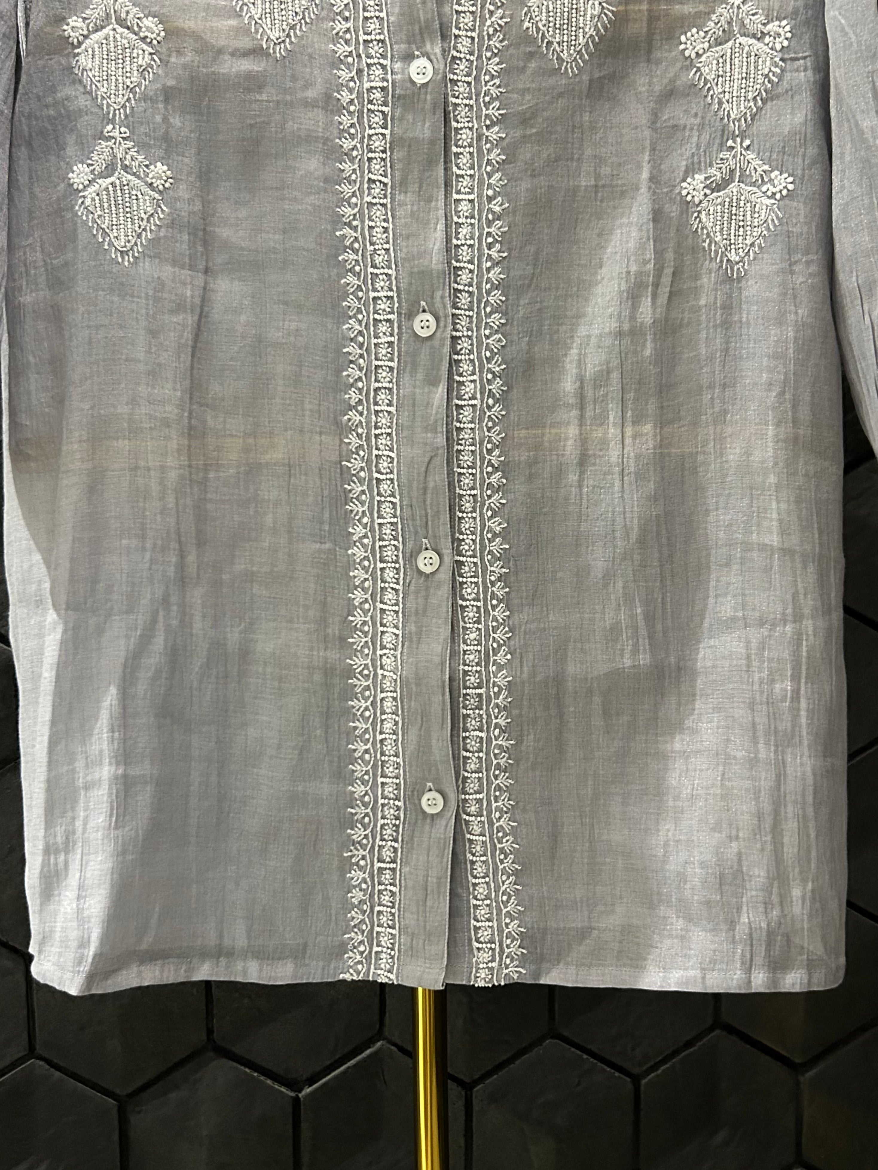 Grey Silver Tissue Chikankari Co-ord Set