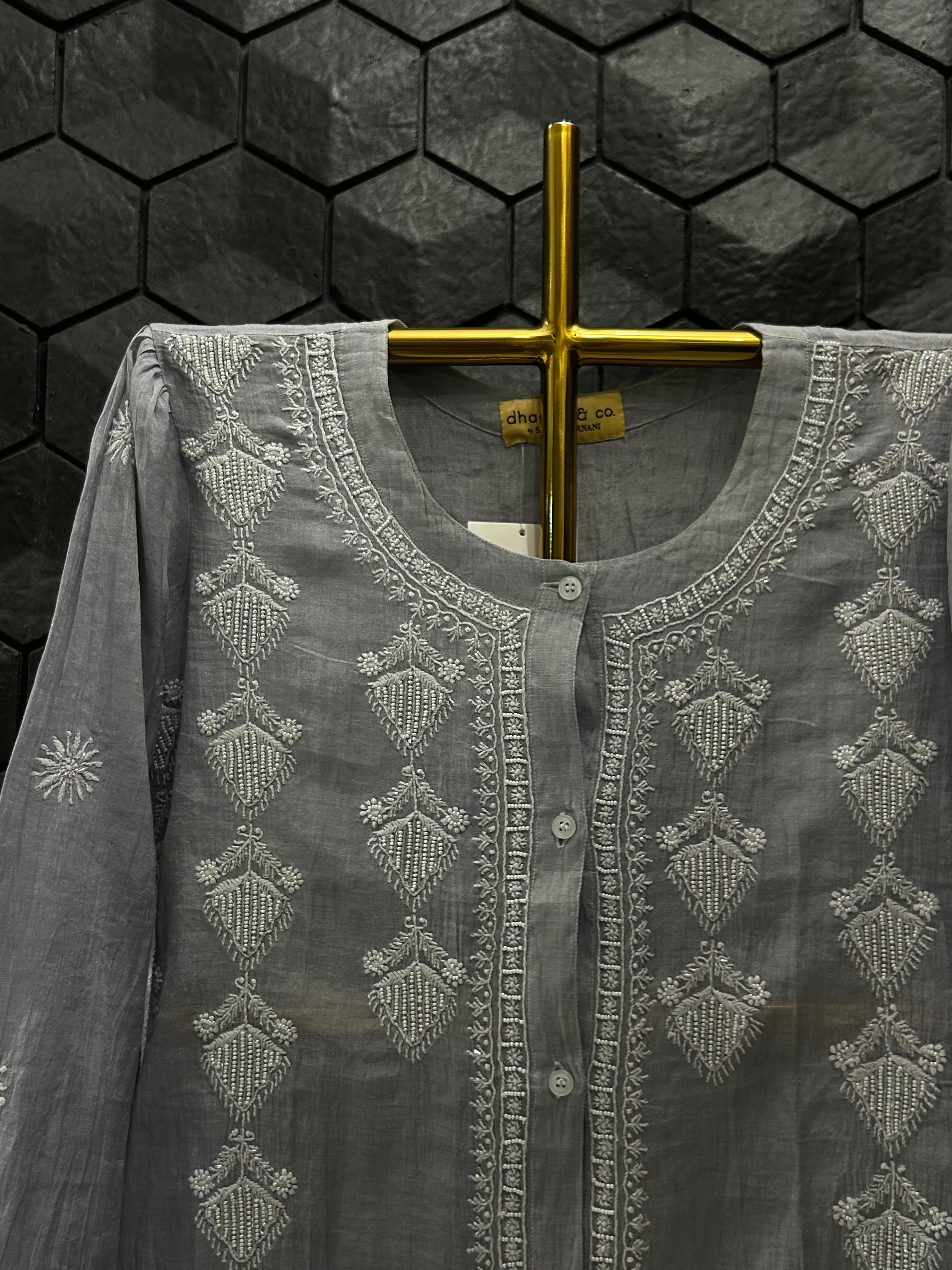 Grey Silver Tissue Chikankari Co-ord Set