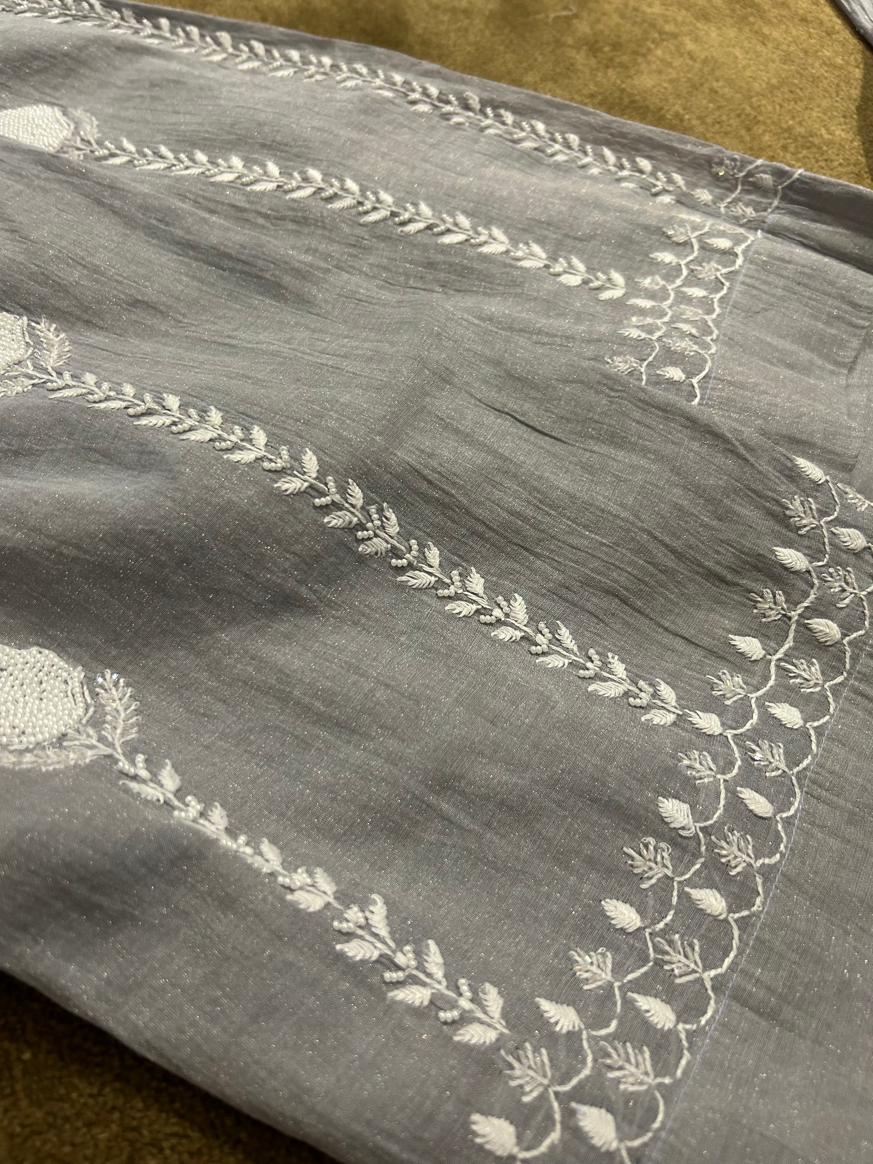 Grey Silver Tissue Chikankari Co-ord Set