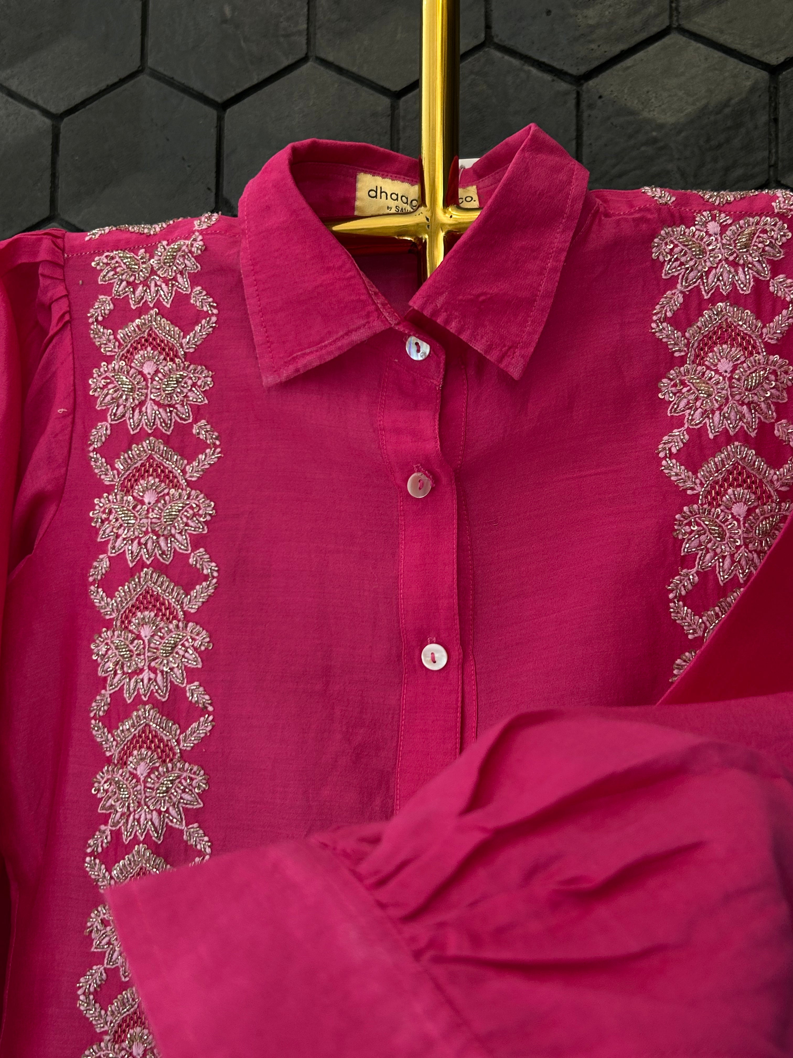 Hot Pink Chanderi Chikankari Co-ord sets