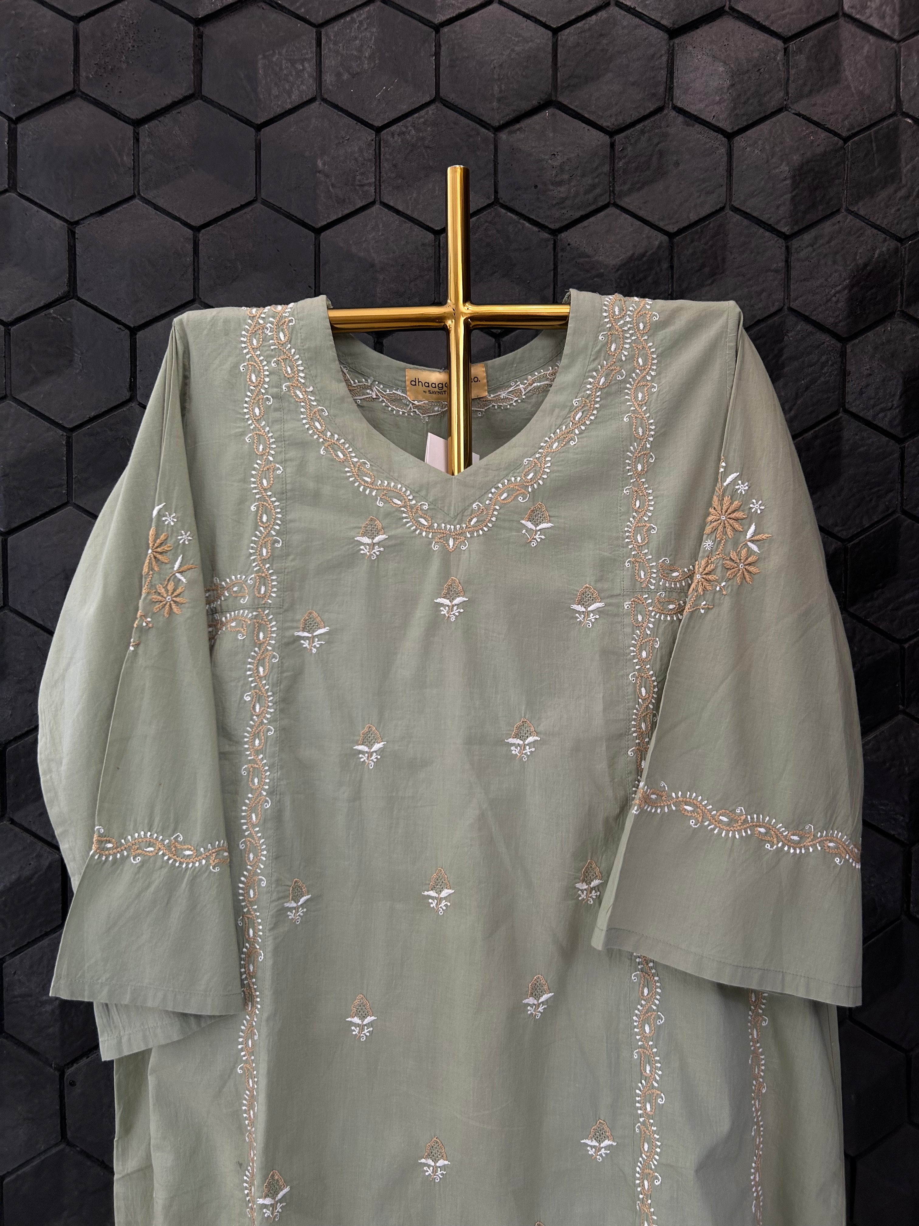 Olive Green Cotton Chikankari Co-ord sets