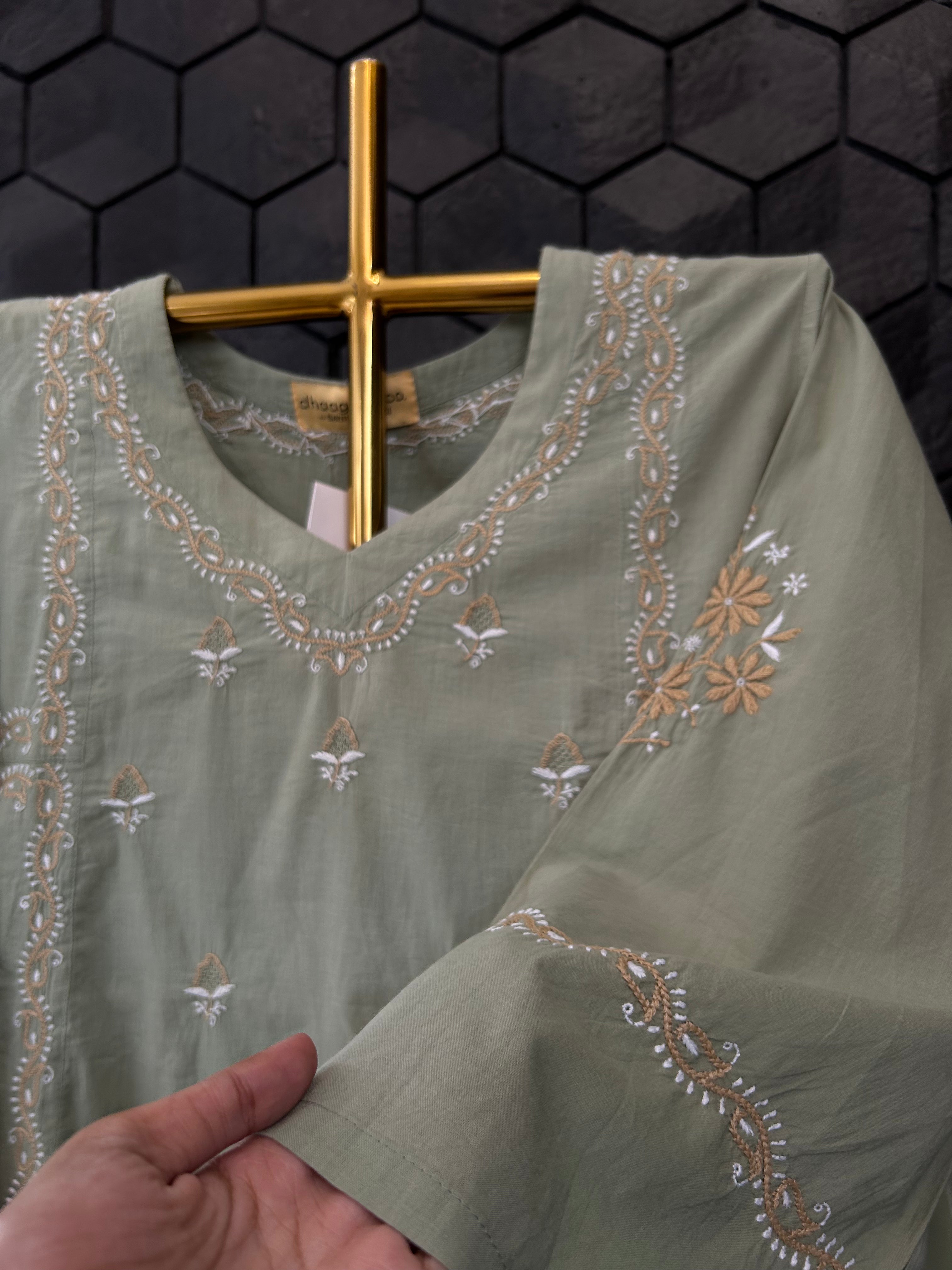 Olive Green Cotton Chikankari Co-ord sets