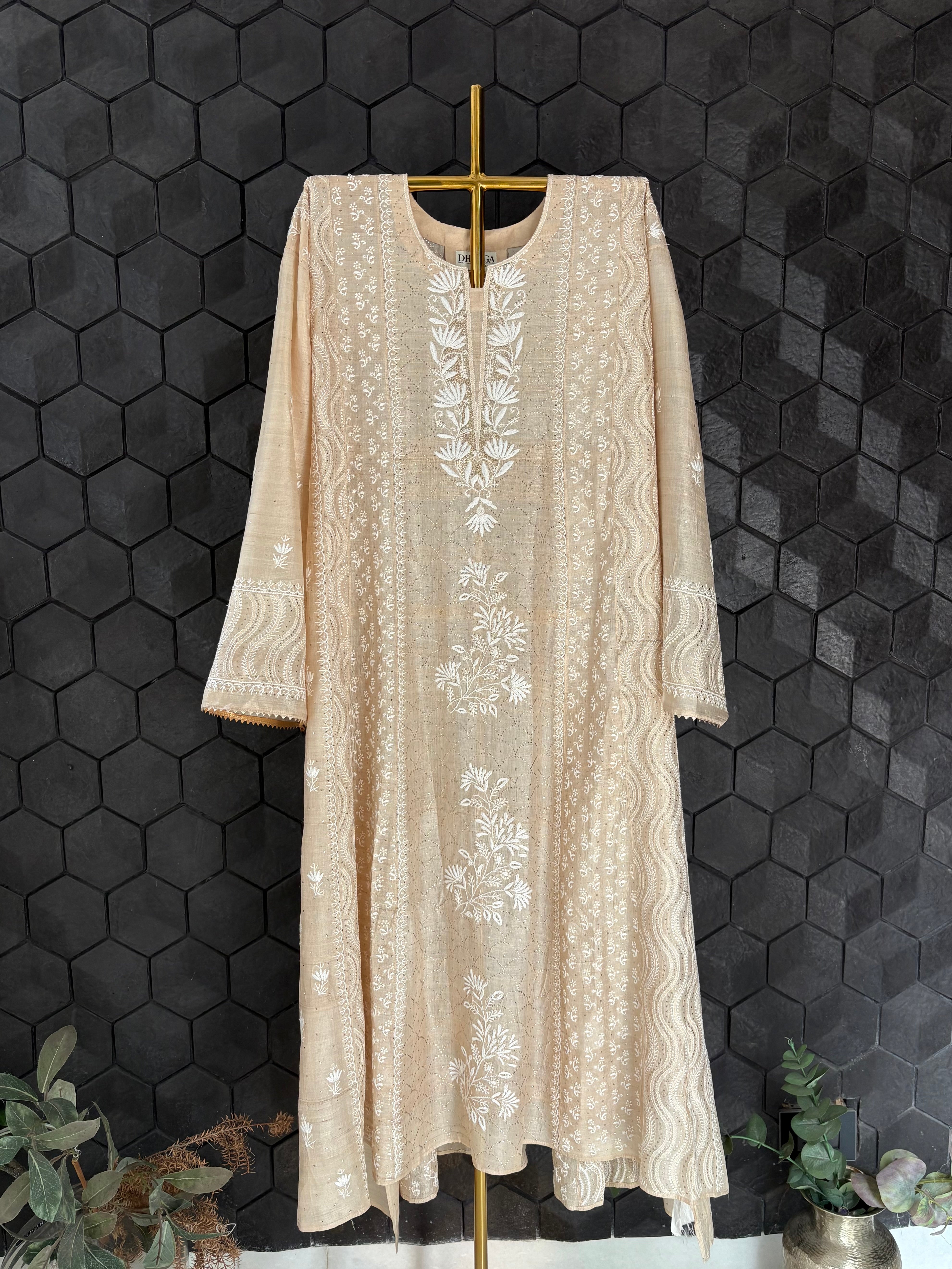 Beige Tissue Mukaish Chikankari Kurta Set